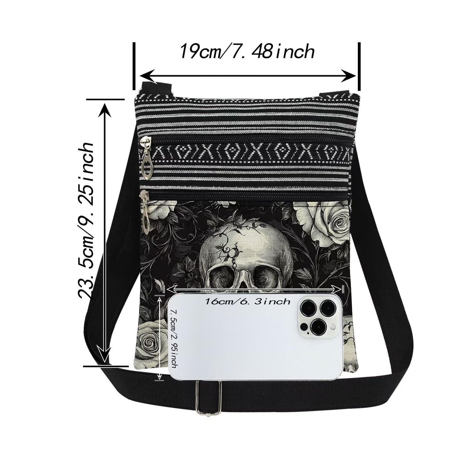 XiaoGalaee Gothic Skull & Rose Crossbody Bag Adjustable Strap Unisex 19