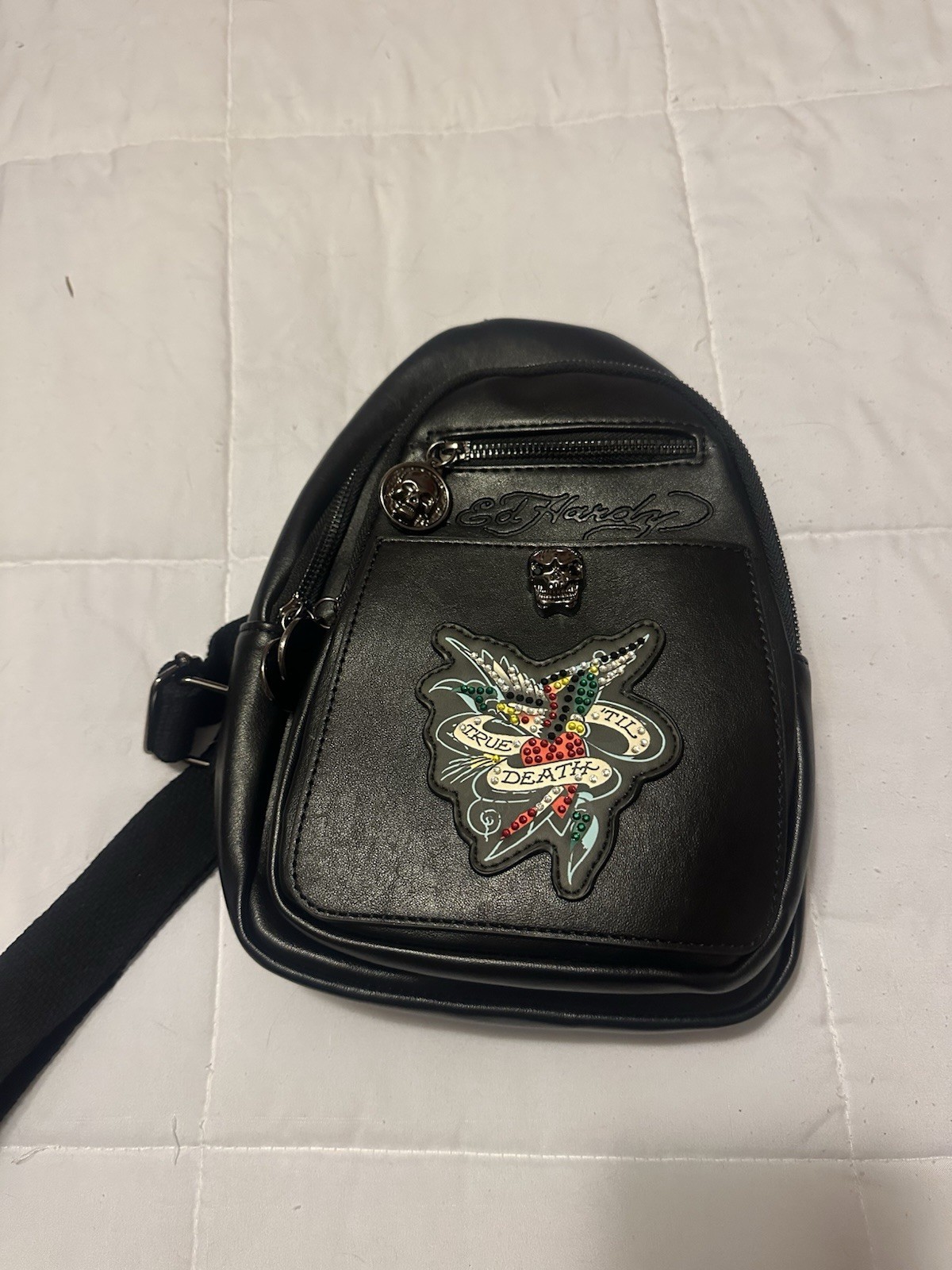 Ed Hardy Black Small Crossbody Sling Bag Adjustable Strap Skull Charm