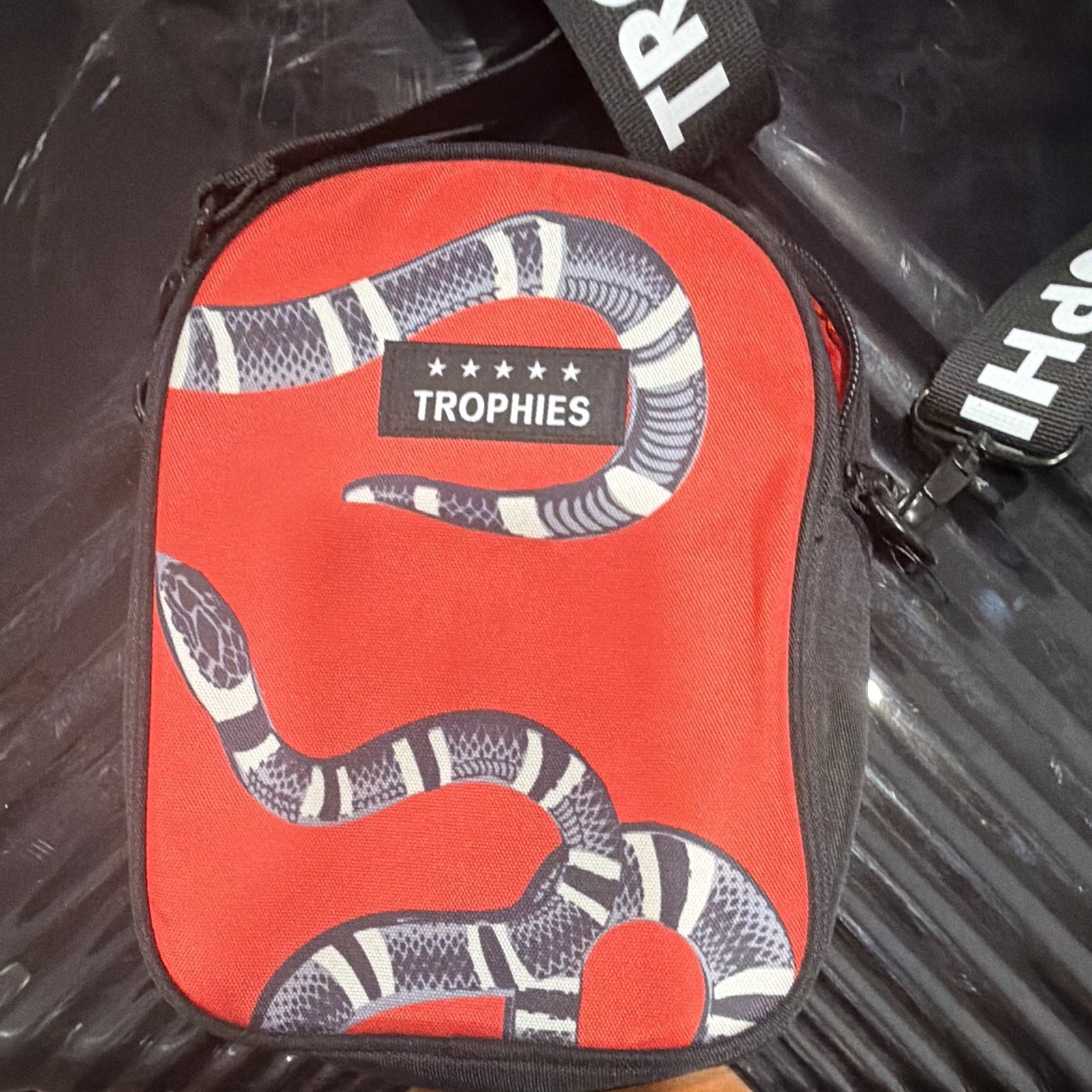 TROPHIES Red Snake Animal Print Small Crossbody Bag Zip Closure Adjustable Strap