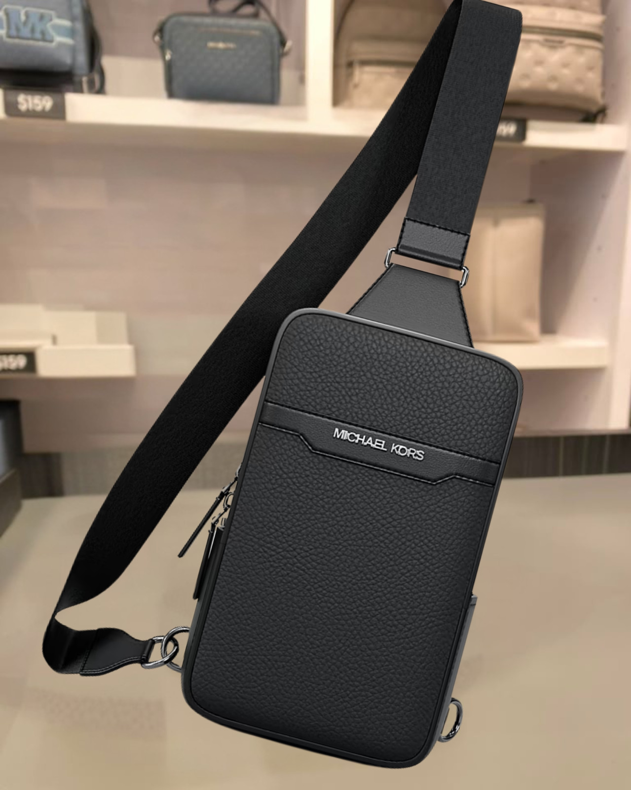 Michael Kors Cooper Medium Pebbled Leather Sling Pack Black Men Crossbody