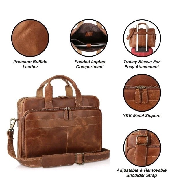 KomalC Vintage 18” Buffalo Leather Laptop Briefcase Office Bag Brown Brand New