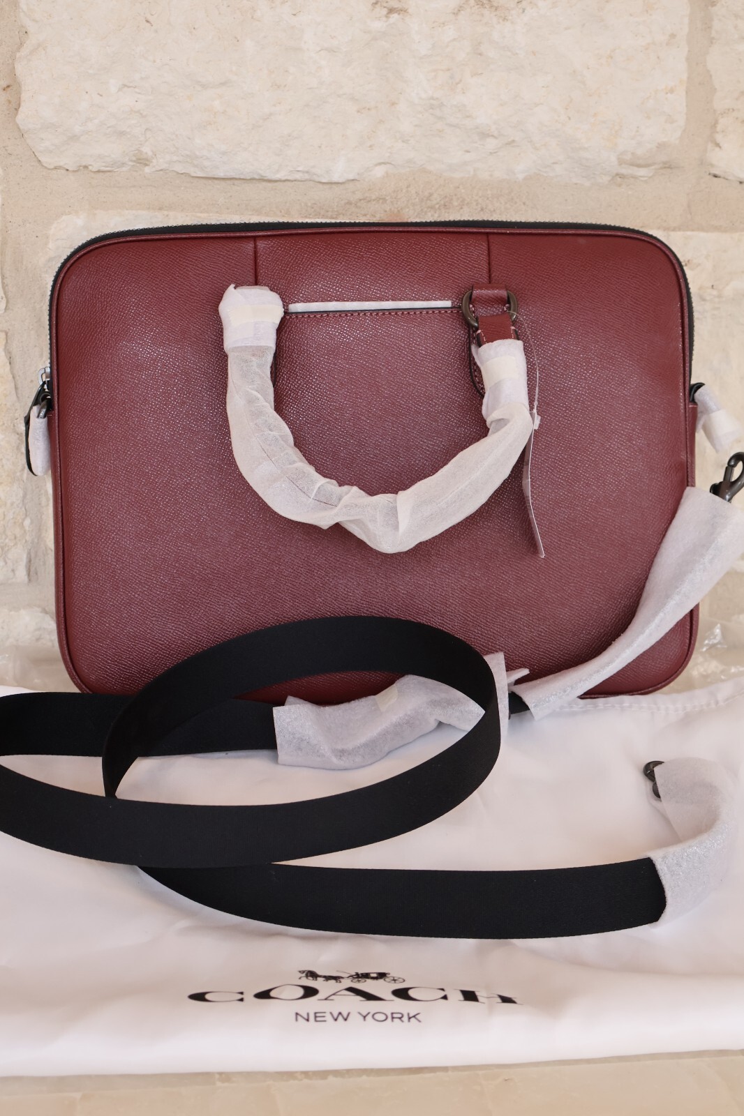 NEW Coach Liam Compact Leather Briefcase Slim Unisex WINE/black nickel Dust bag