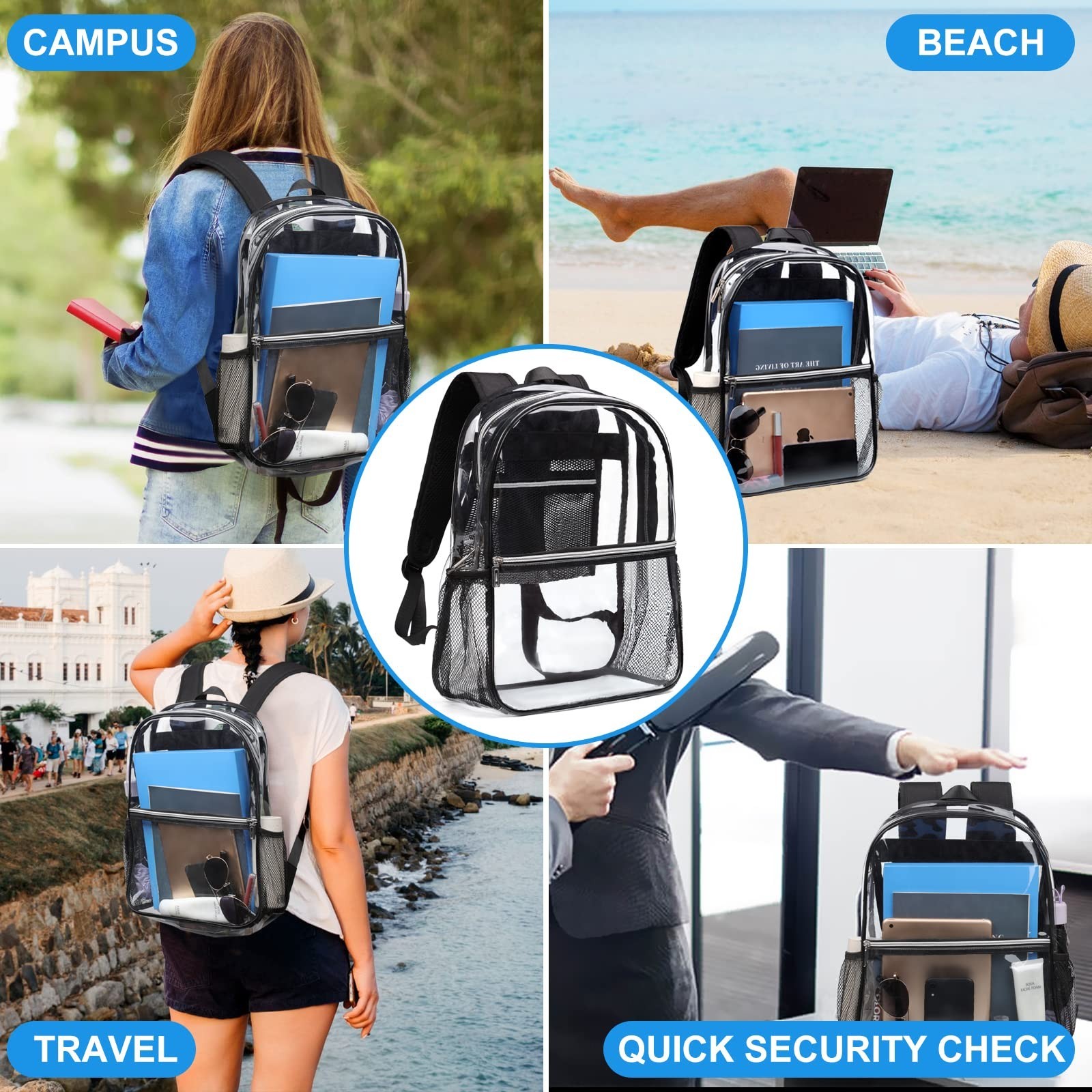 Heavy Duty Clear Backpack – Large Transparent See-Through Bag for Travel & Colle