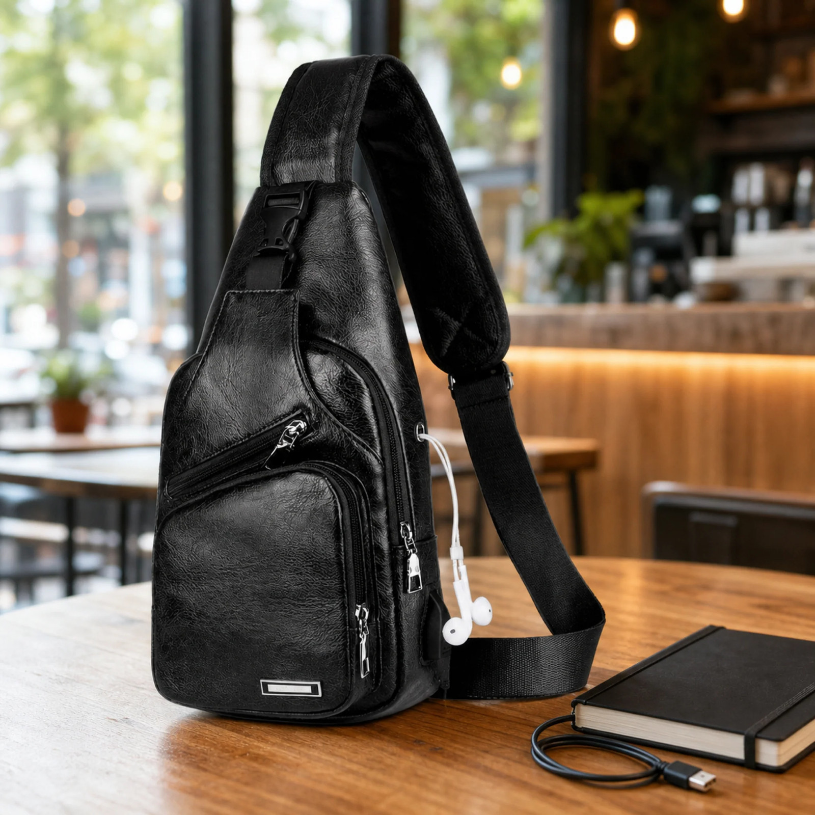 Black Chest Crossbody Bag Sling Backpack with USB Charge Port Men Hole