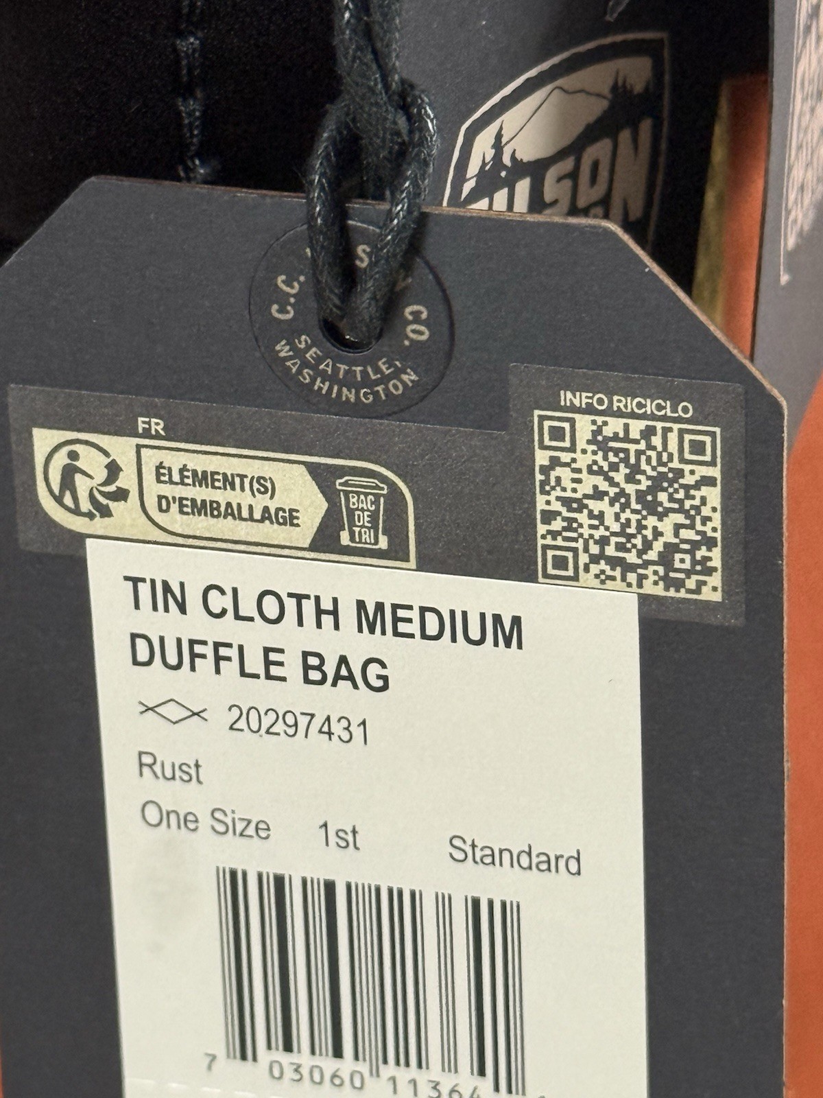 FILSON MEDIUM TIN CLOTH DUFFLE BAG RUST OS NWT