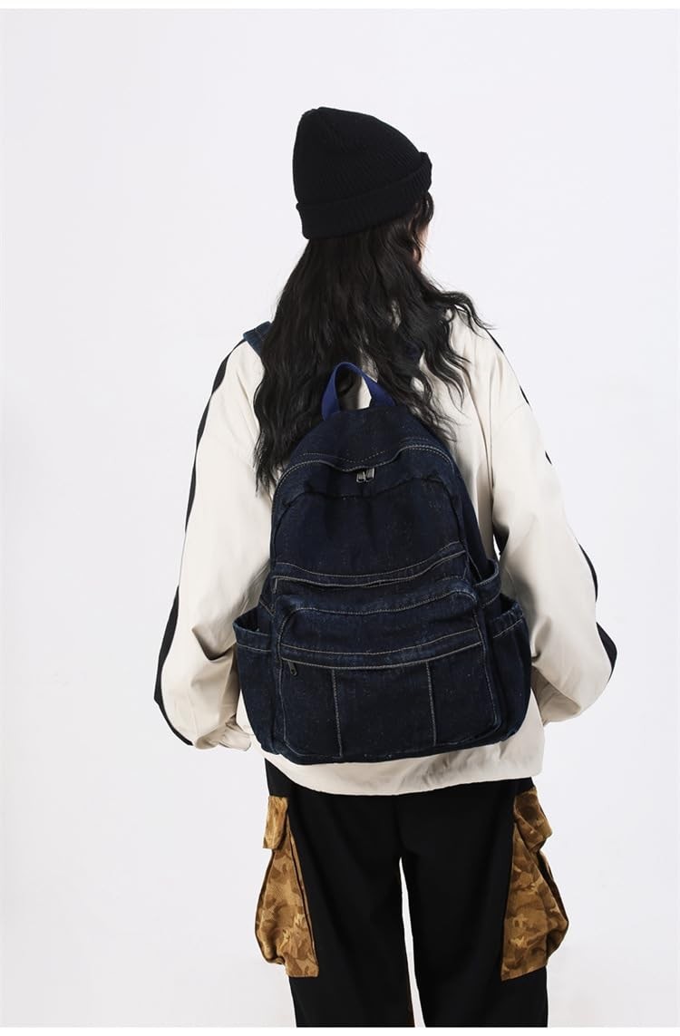 Dark Blue Denim Jeans Backpack Y2K Aesthetic Classic Retro Laptop Daypack