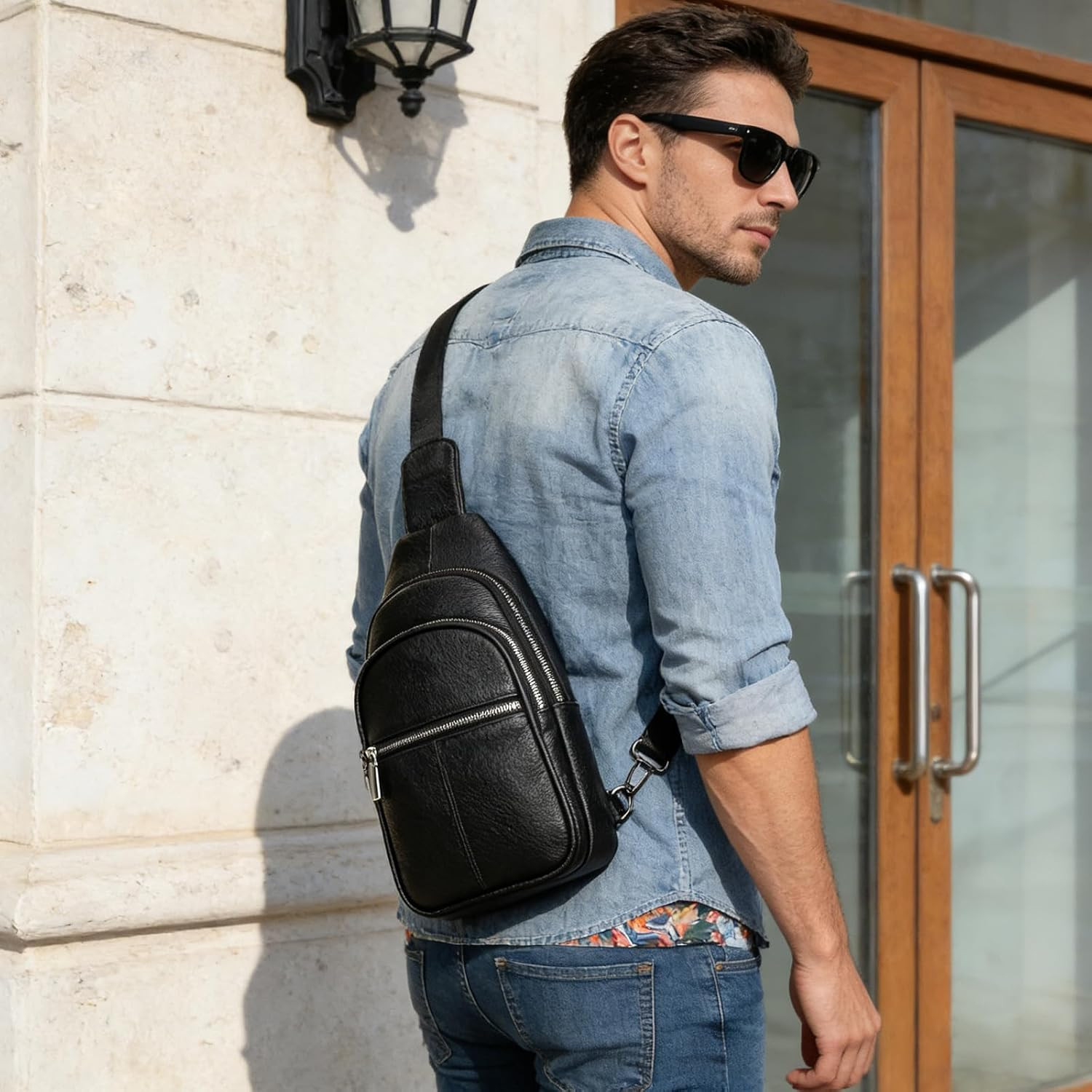 Genuine Leather Sling Bag Multi-Pocket Chest Bag for Men Hiking Travel Daypack