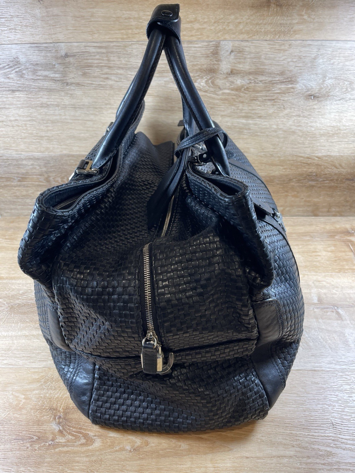 Cole Haan Black Woven Leather A Line Duffle Weekender Bag $2595