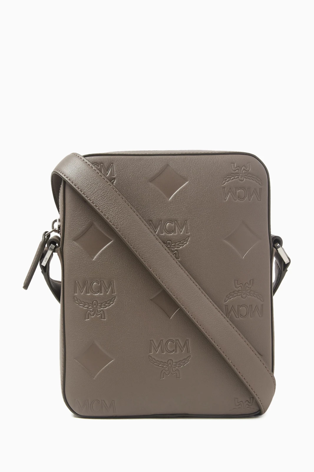 MCM Mini Klassik Taupe Grey Leather Monogram Crossbody Bag $830 Authentic