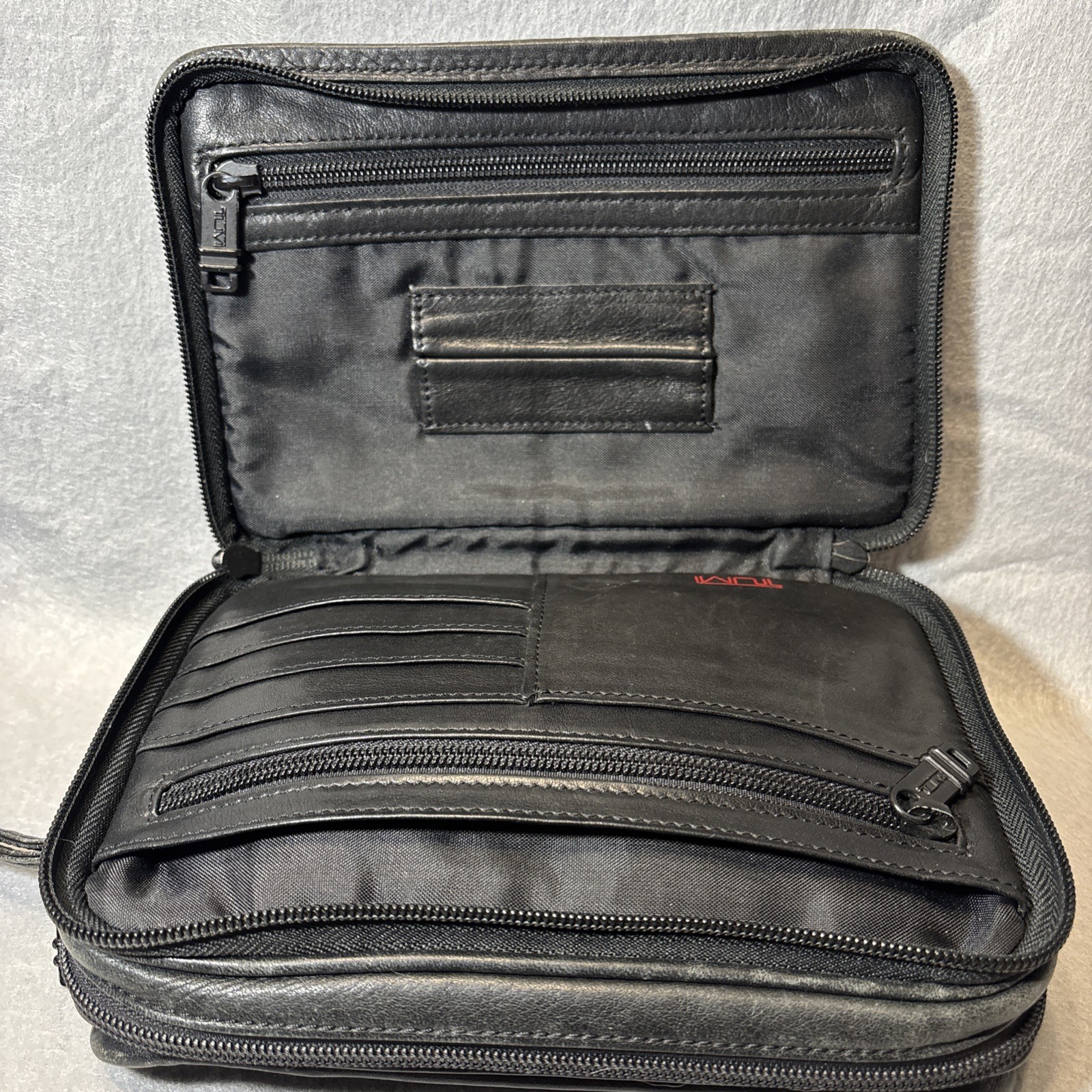 TUMI Second Bag Clutch Bag Leather Black Multi Pocket Japan W/ Charm Authentic