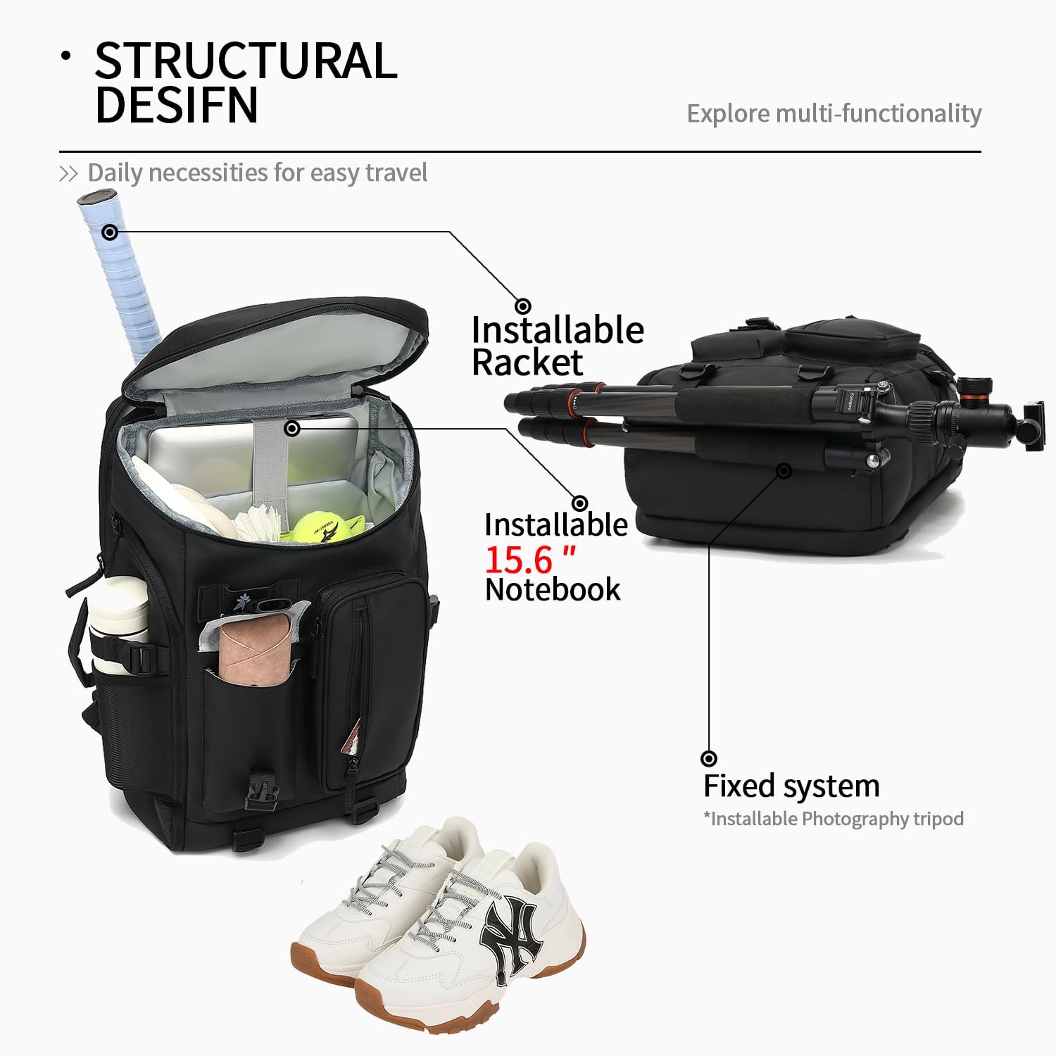Gym Duffle Tennis Bag Backpack 4Way Waterproof Shoes Compartment Black 02