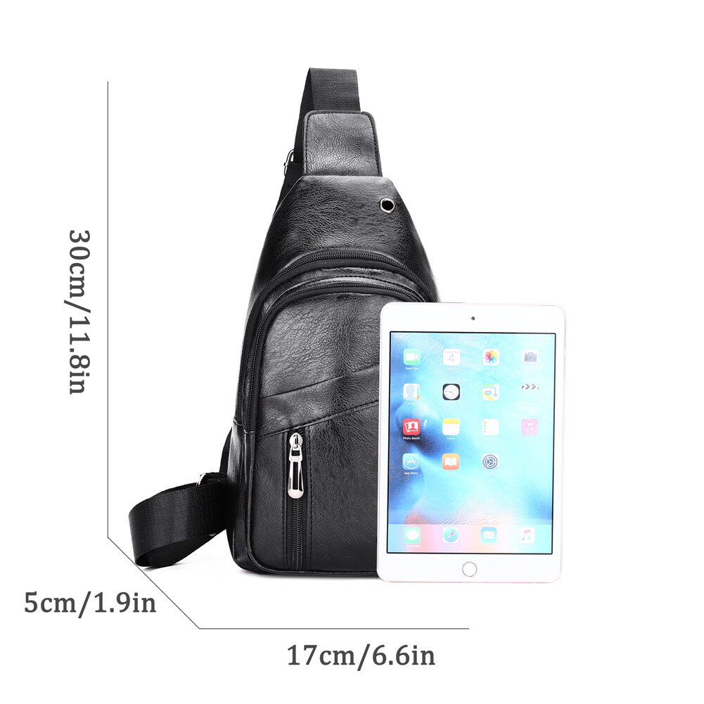 Men’s Chest Bags Sling Backpack Leather Crossbody Purse with Earphone Cable Port
