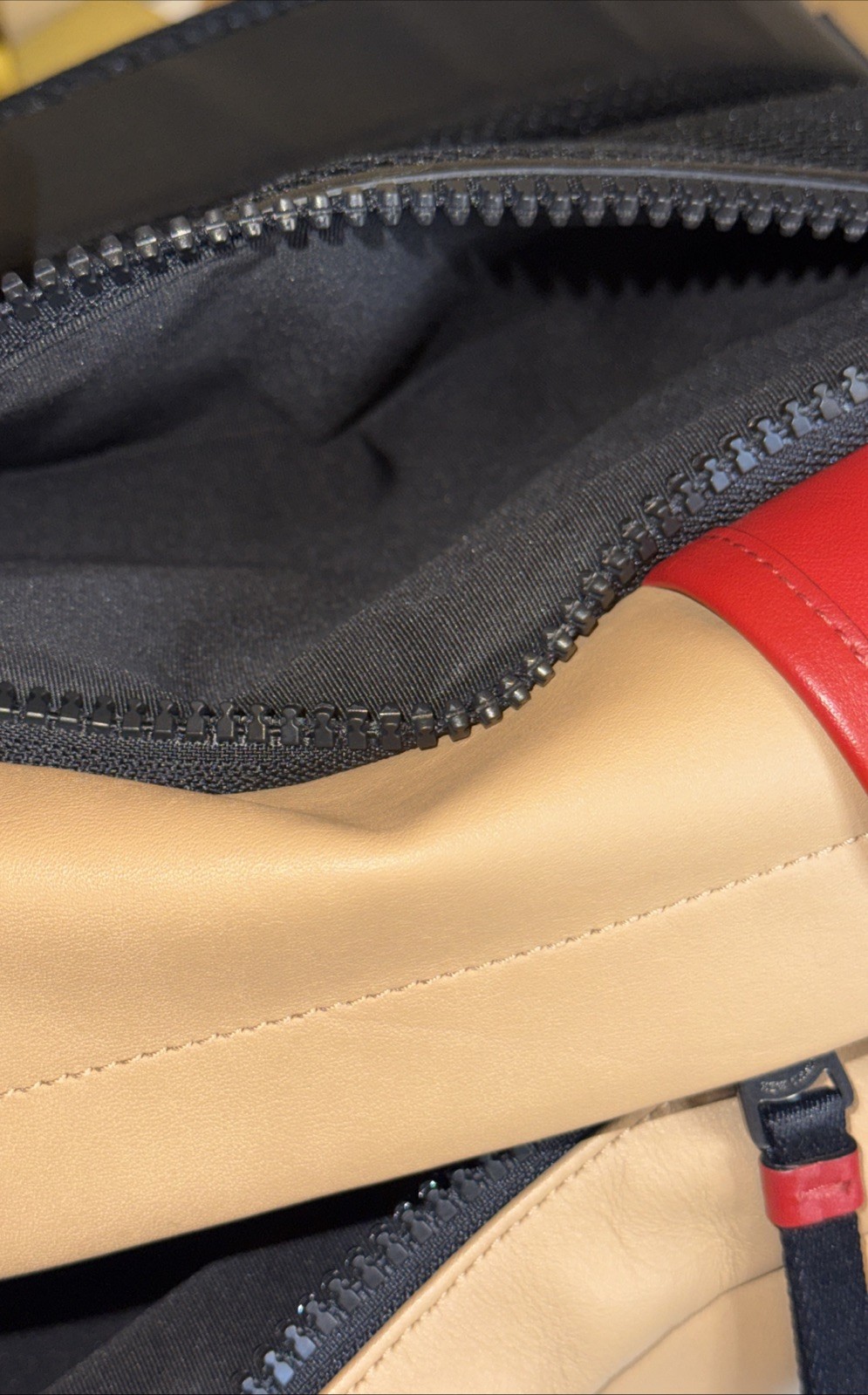 Coach Leather Racer Sling Pack – Unique Tan/Red/White ColorBlock Edition ~MC~
