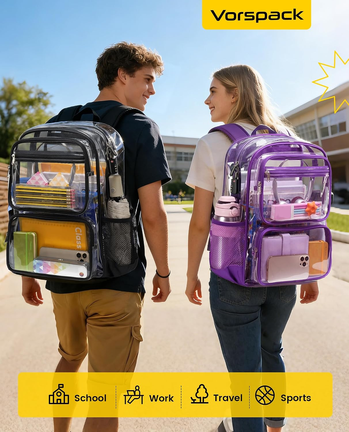 Clear Backpack with TSA Lock, Large Clear Bookbag, Purple | Heavy Duty See throu