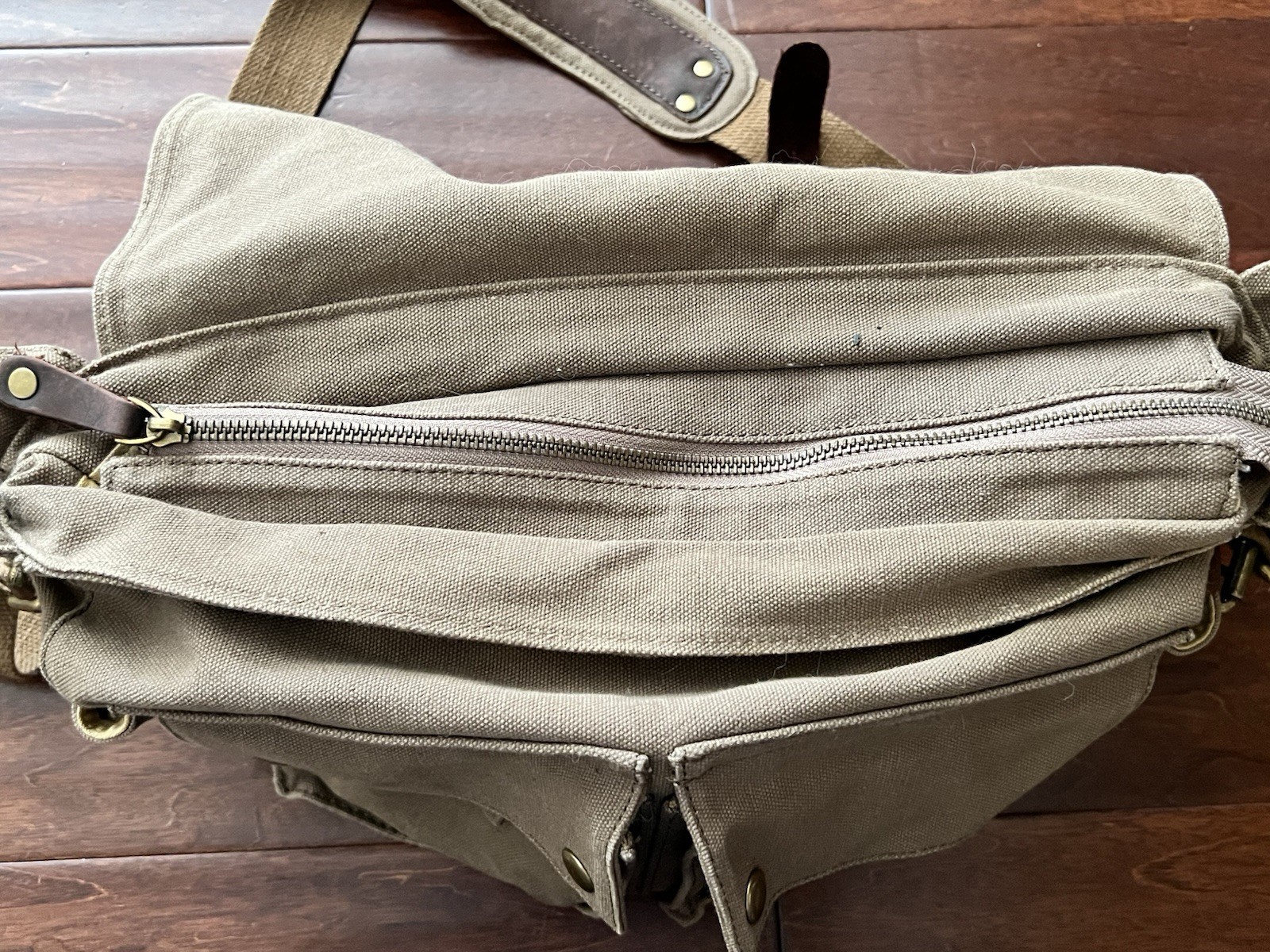 S-ZONE Brown Leather Canvas Zip Button Multi Pocket Shoulder Strap Messenger Bag