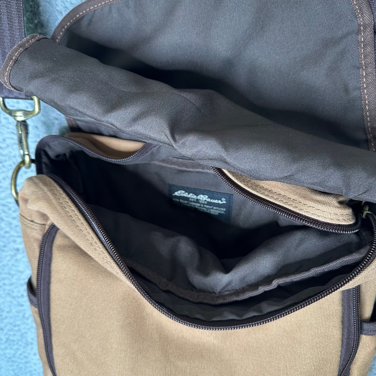 Eddie Bauer Tan Canvas Messenger Bag Brown Crossbody Satchel Brass Hardware