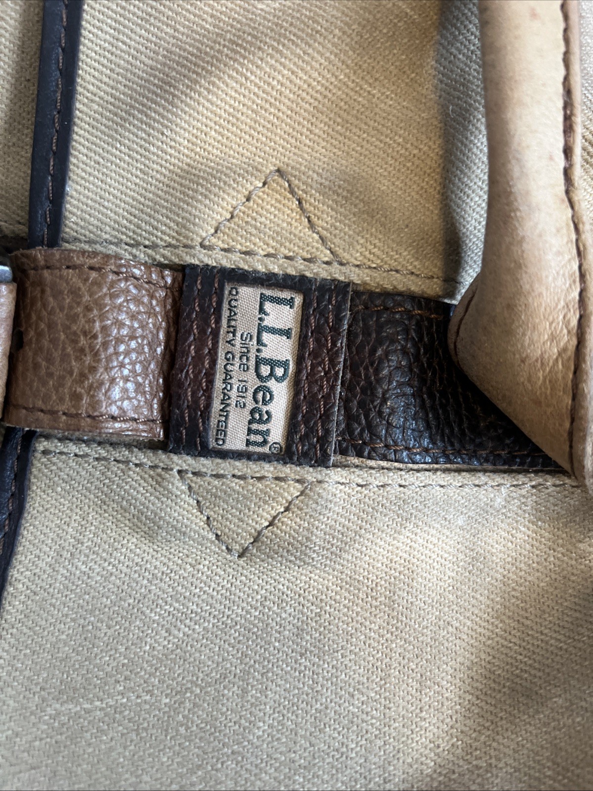 LL Bean Canvas Messenger Crossbody Bag Push Lock Leather Trim Tan Brown