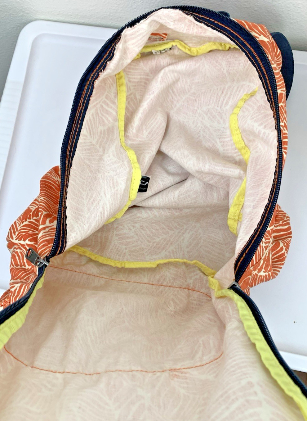 RVCA Backpack Orange Leaf Print Unisex 100% Cotton Lightweight Zip Closure