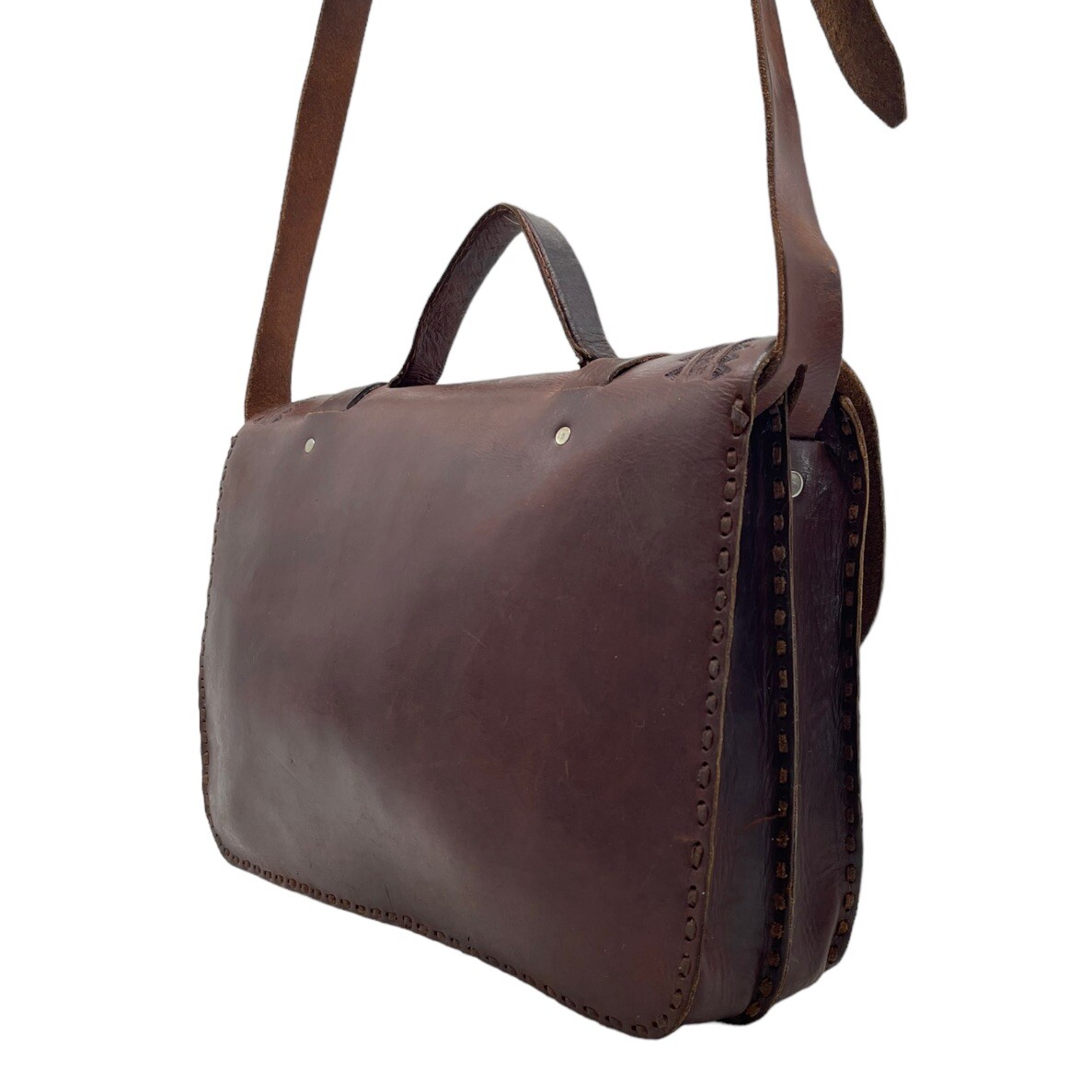 Vintage 70s Large Handmade Tooled Leather Messenger Bag Crossbody Laptop Travel
