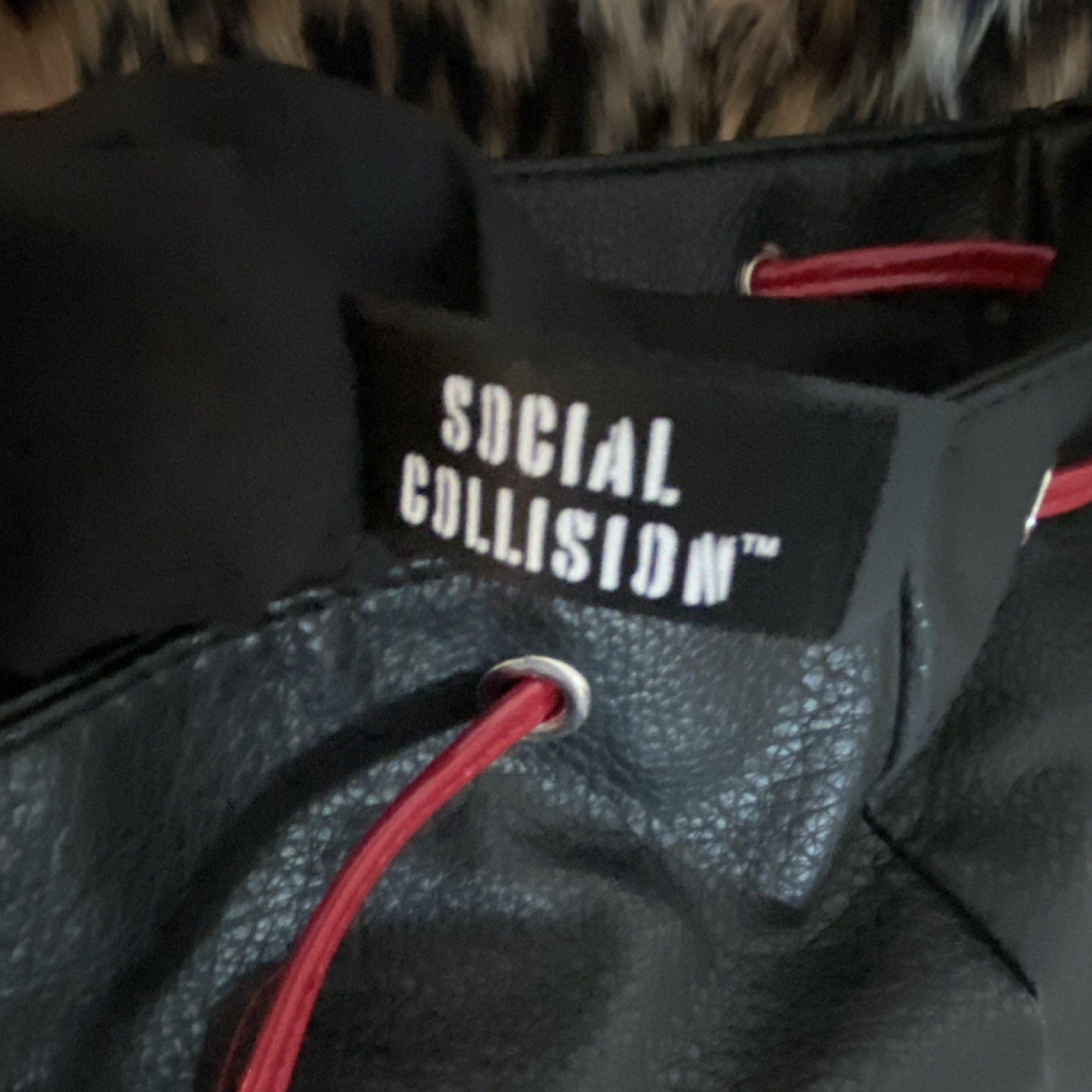 Social Collision Black Red Backpack Buckle Drawstring Adjustable Strap