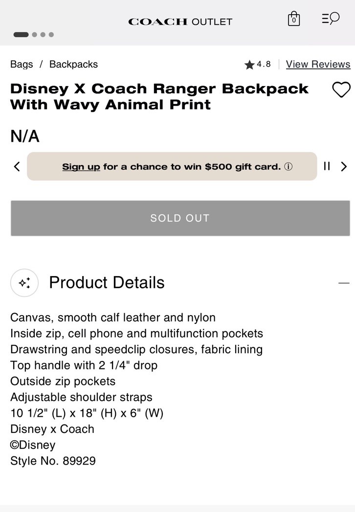 Disney X Coach – Ranger Backpack With Wavy Animal Print -New With Tag – Sold Out