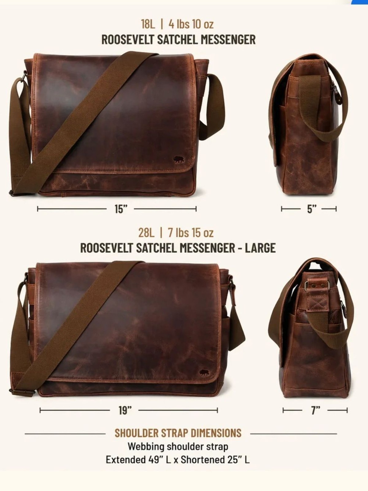 ROOSEVELT Buffalo Jackson Leather Satchel Messenger Bag Full Grain Distressed