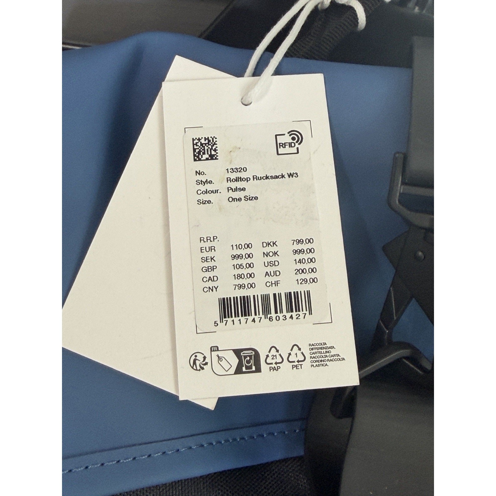 RAINS Rolltop Rucksack W3 Pulse Buckle Zip RFID, model 13320, $140