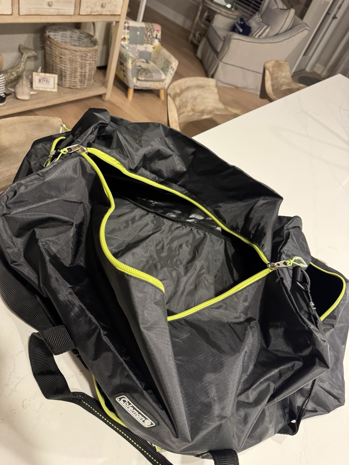 Coleman Flex Duffel Bag. Black and Neon Green with Shoulder Strap.