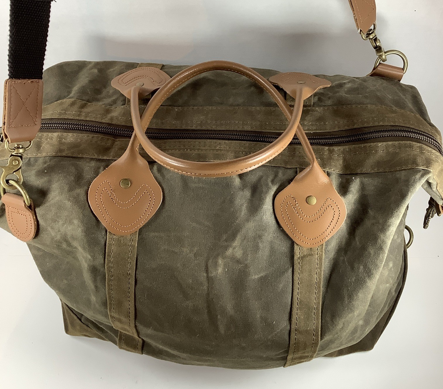 CB Station Waxed Canvas Duffle Bag Olive Green Leather Trim Travel 21”