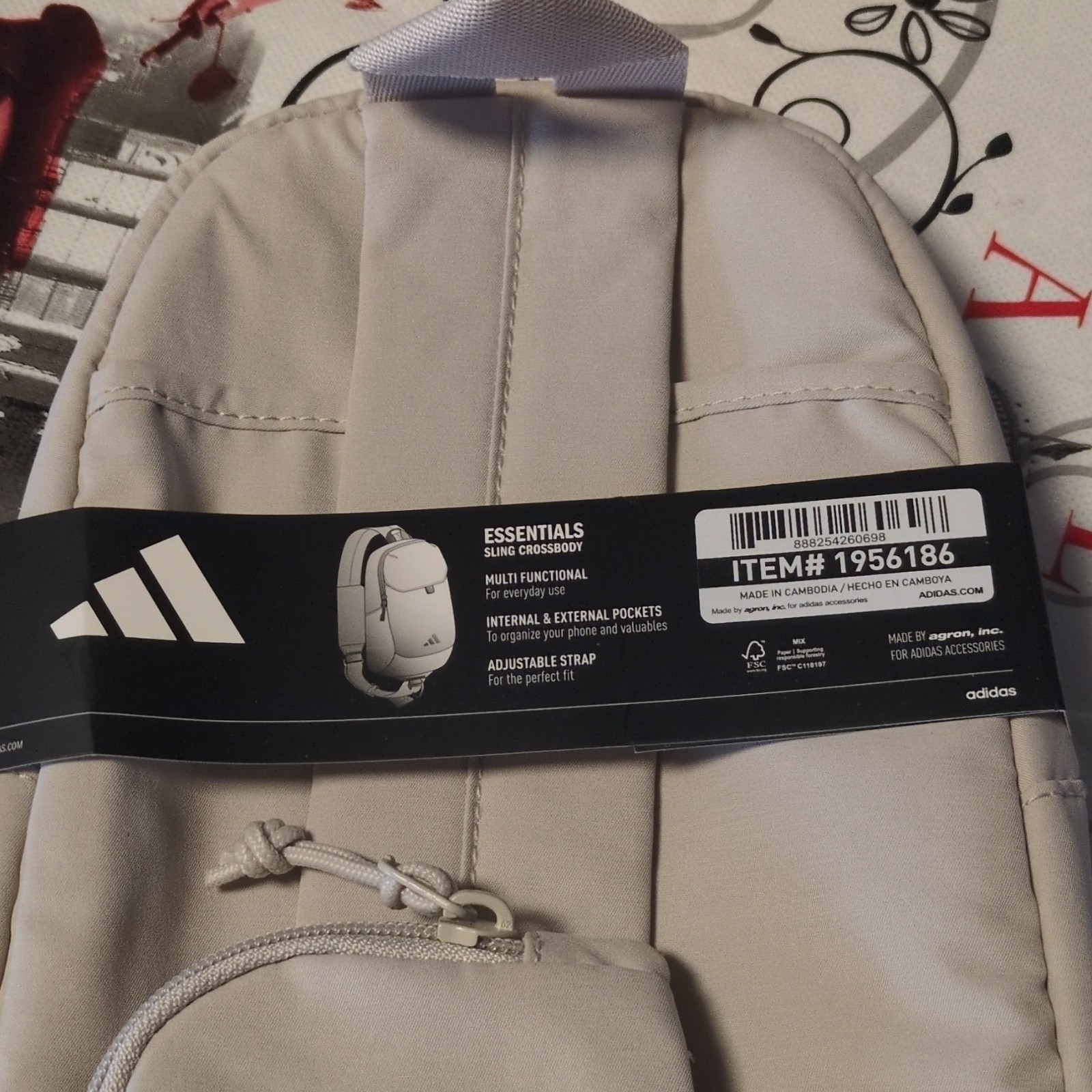 adidas Essentials Sling Crossbody Beige Adjustable Strap Internal Pockets