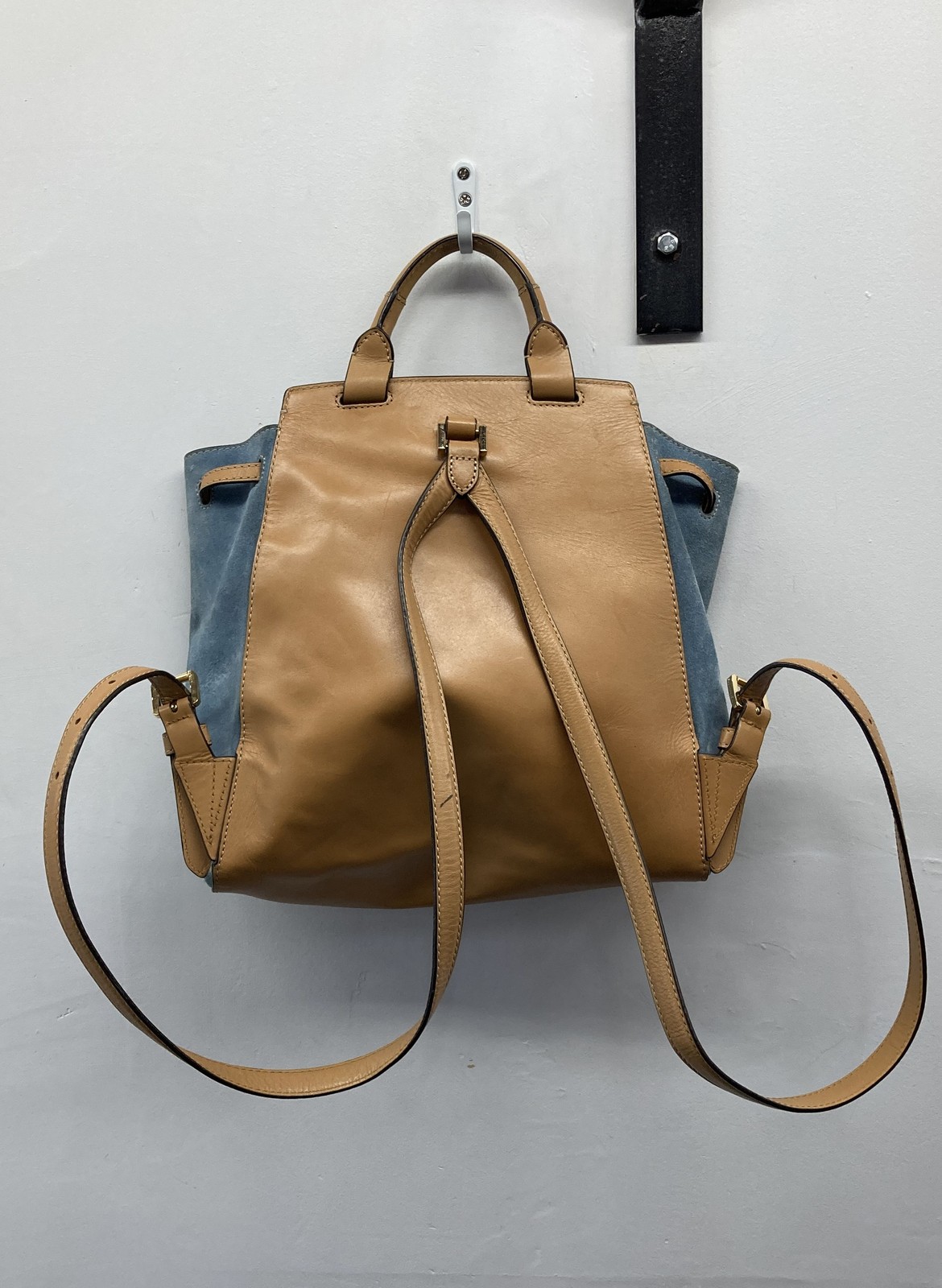 Michael Kors Blue Suede Tan Leather Backpack Purse Gold Hardware