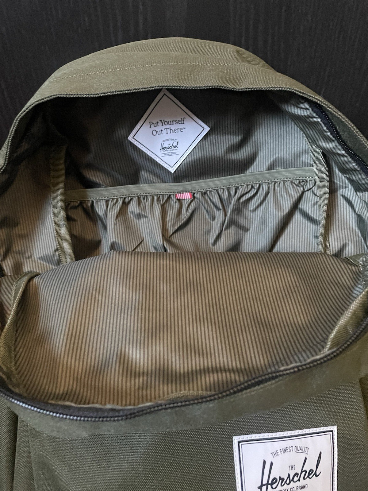 Herschel Ivy Green 20L Backpack Front Zip Pocket Striped Lining Adjustable