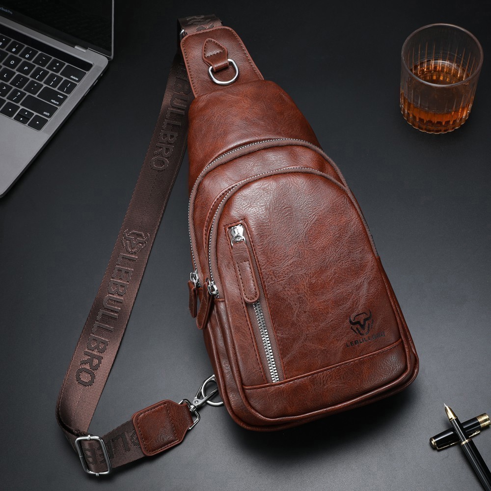 Men’s Leather Sling Bag Crossbody Chest Adjustable Strap Multiple Compartments