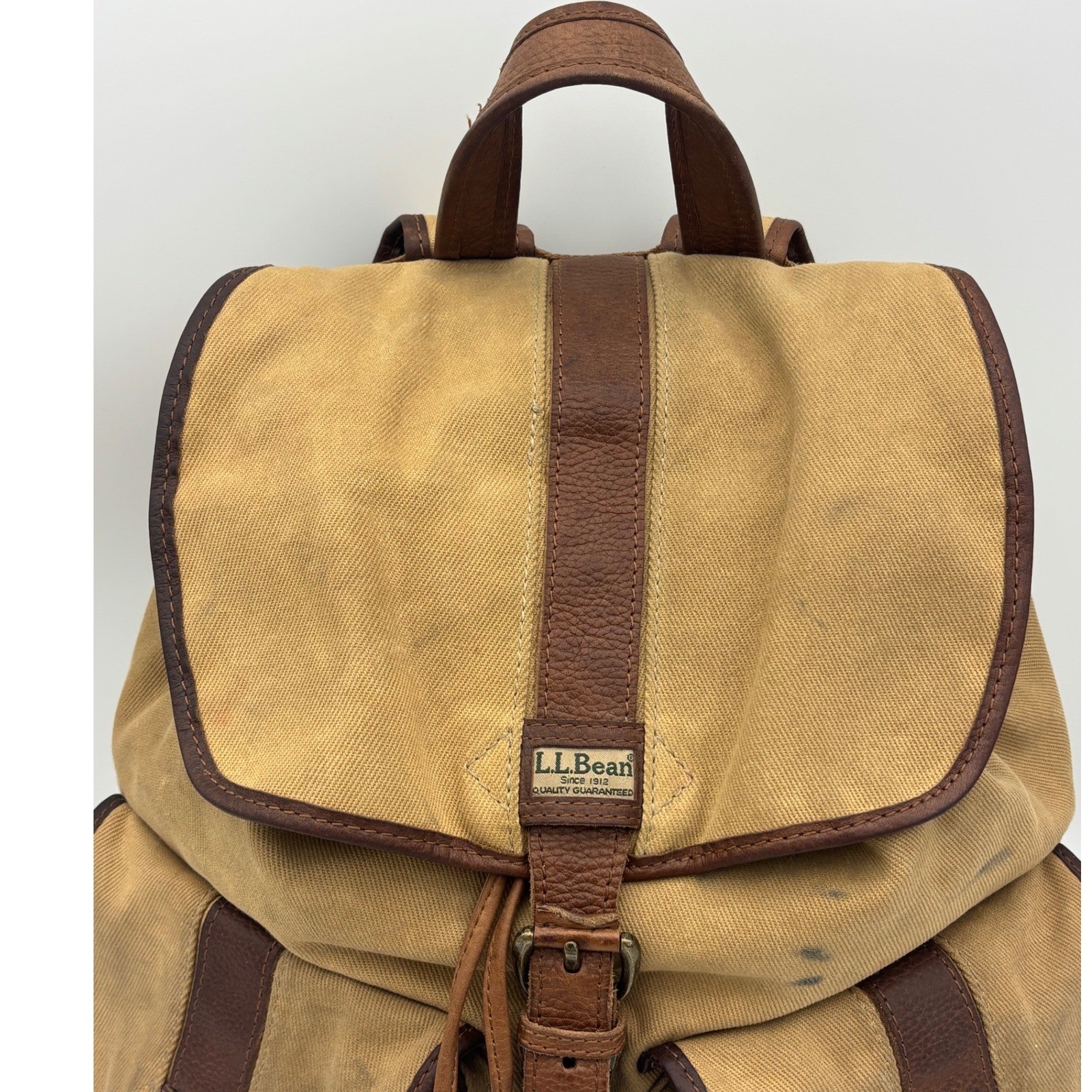 VINTAGE L.L. BEAN Rucksack Backpack Brown Canvas Leather Hiking RARE Utility Bag