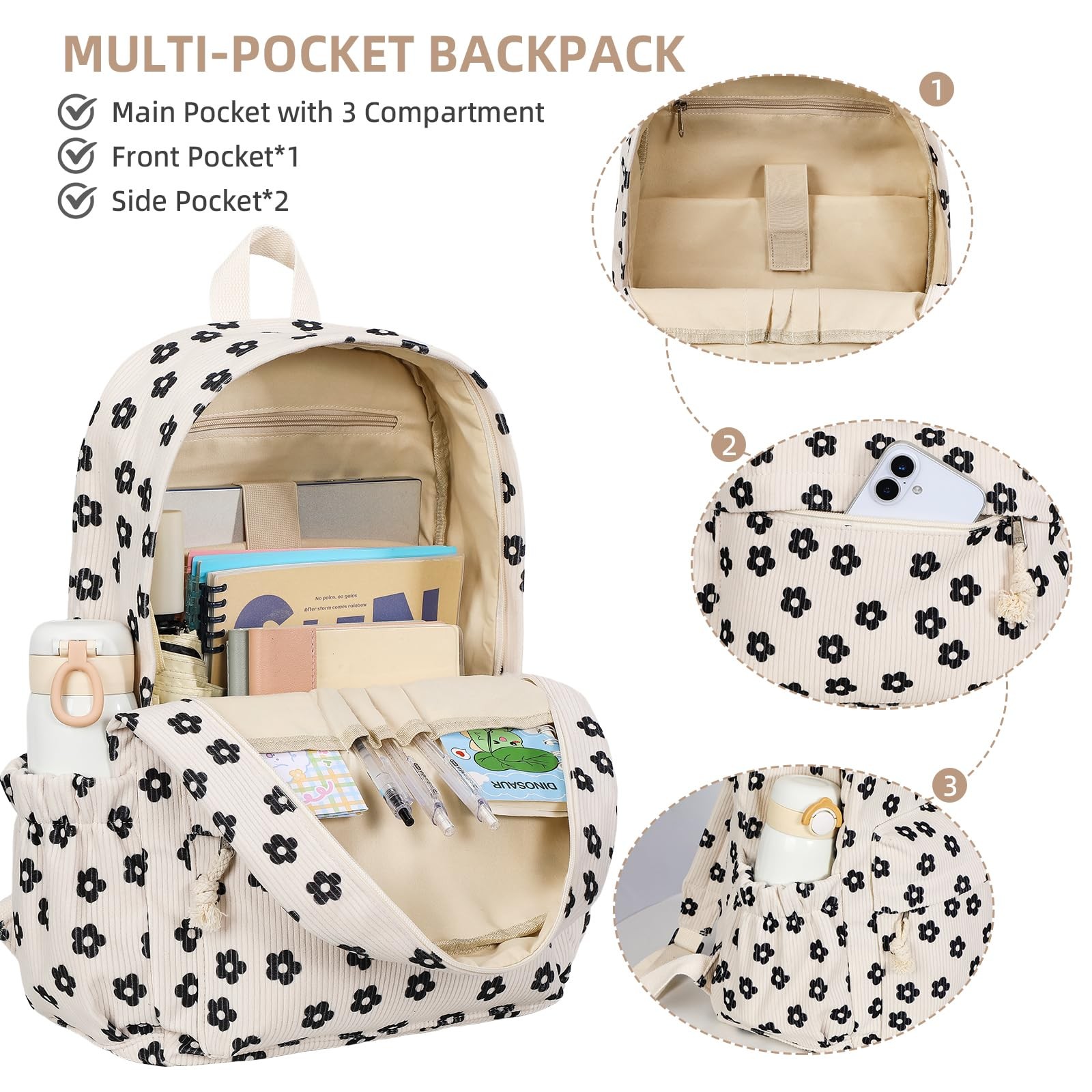 15.6 Inch Laptop Backpack School Bag Teens Womens Cute Corduroy Black Floral