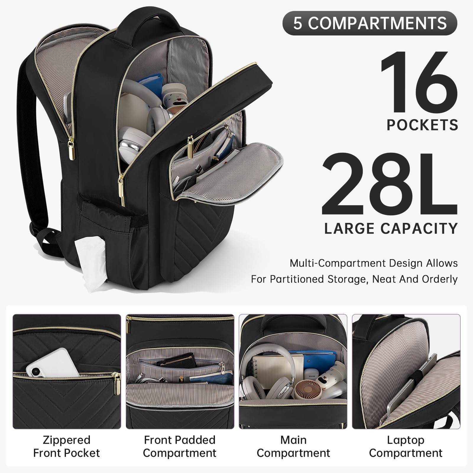 Black 15.6 Inch Laptop Backpack For Women Water Resistant Work 16 Pockets
