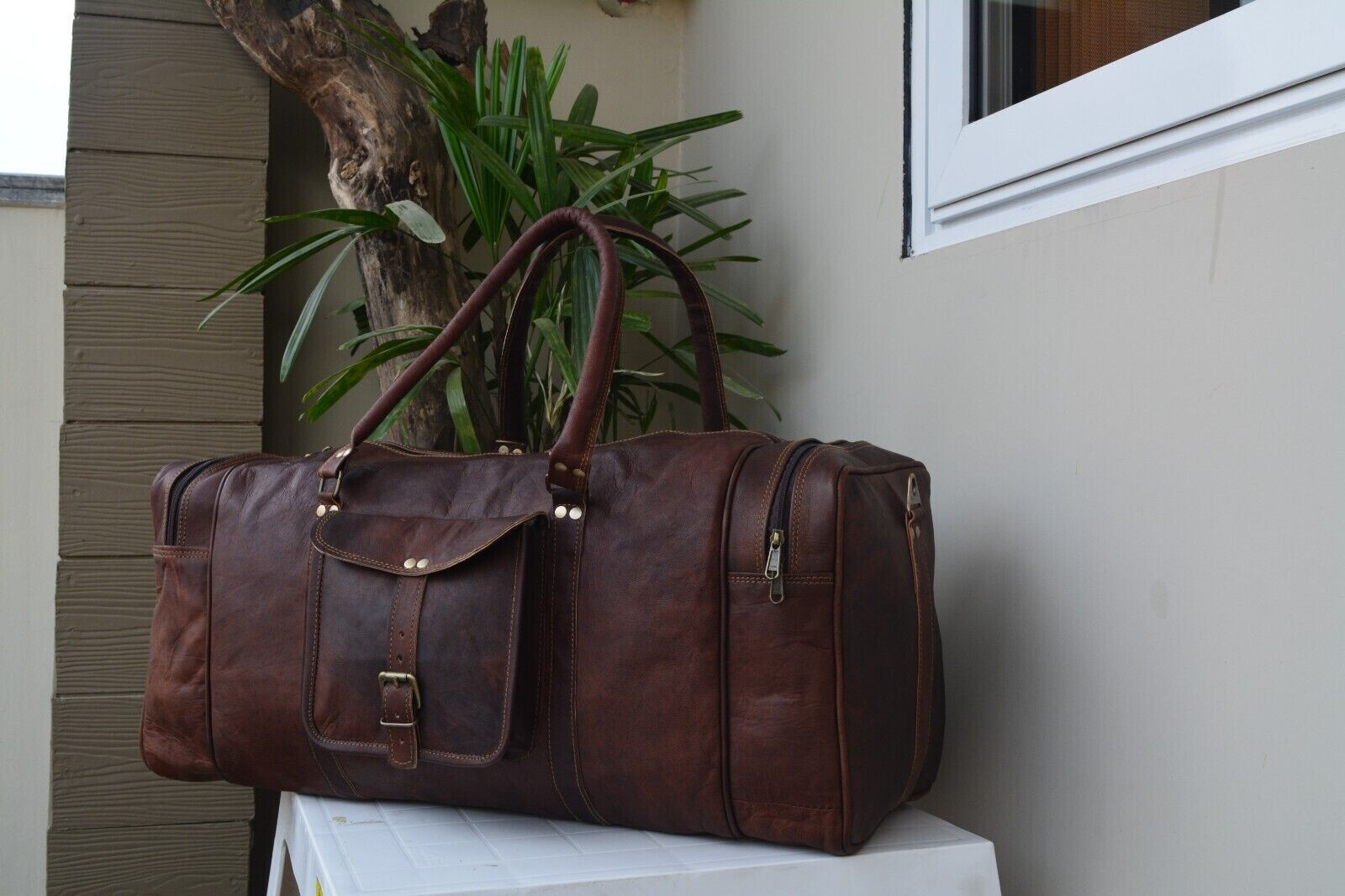 Distressed goat leather duffle carry-on-bag travel for men satchel sports brown