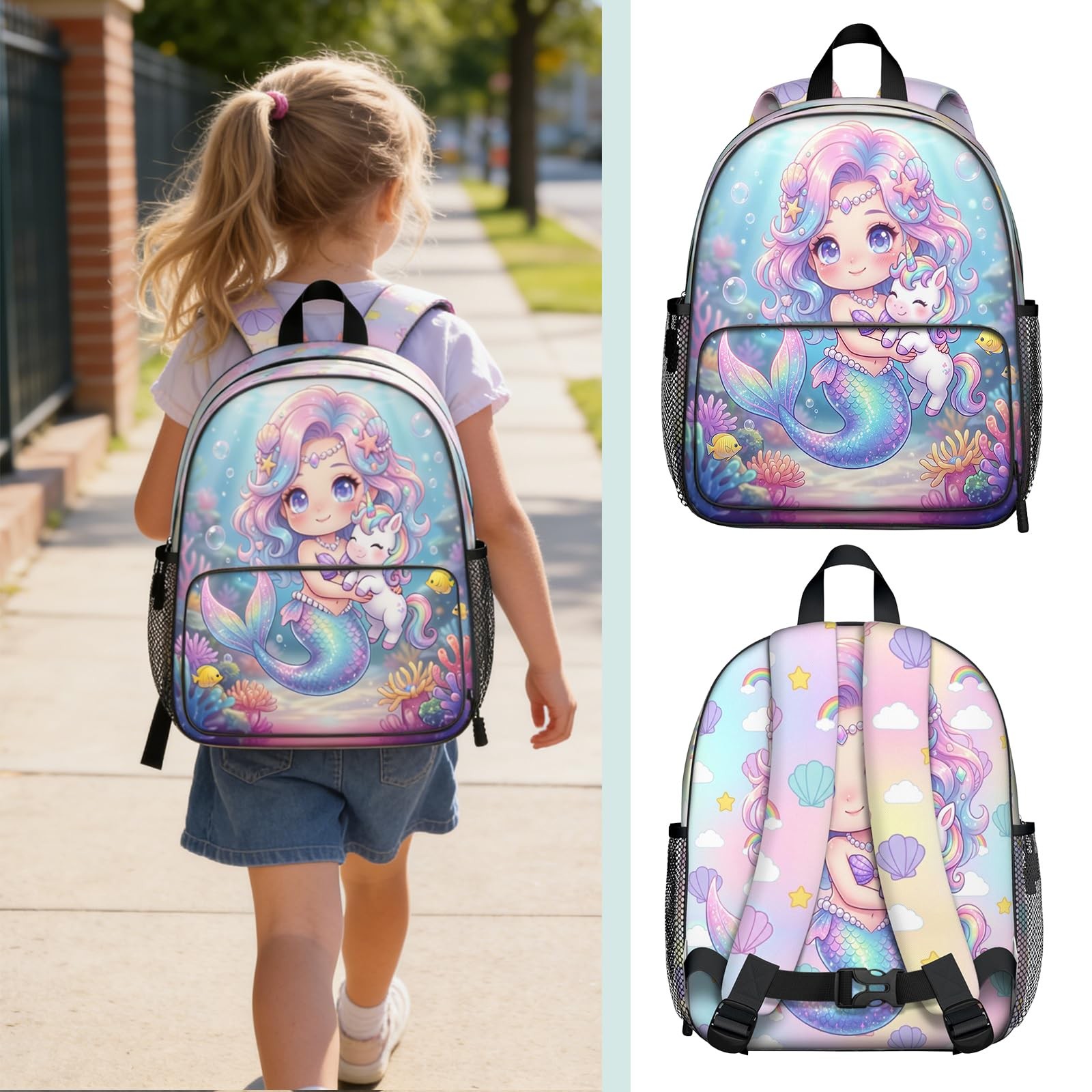 Quelindra Girls Backpack for Ages 3-8, Mermaid & Unicorn Preschool Kindergart…