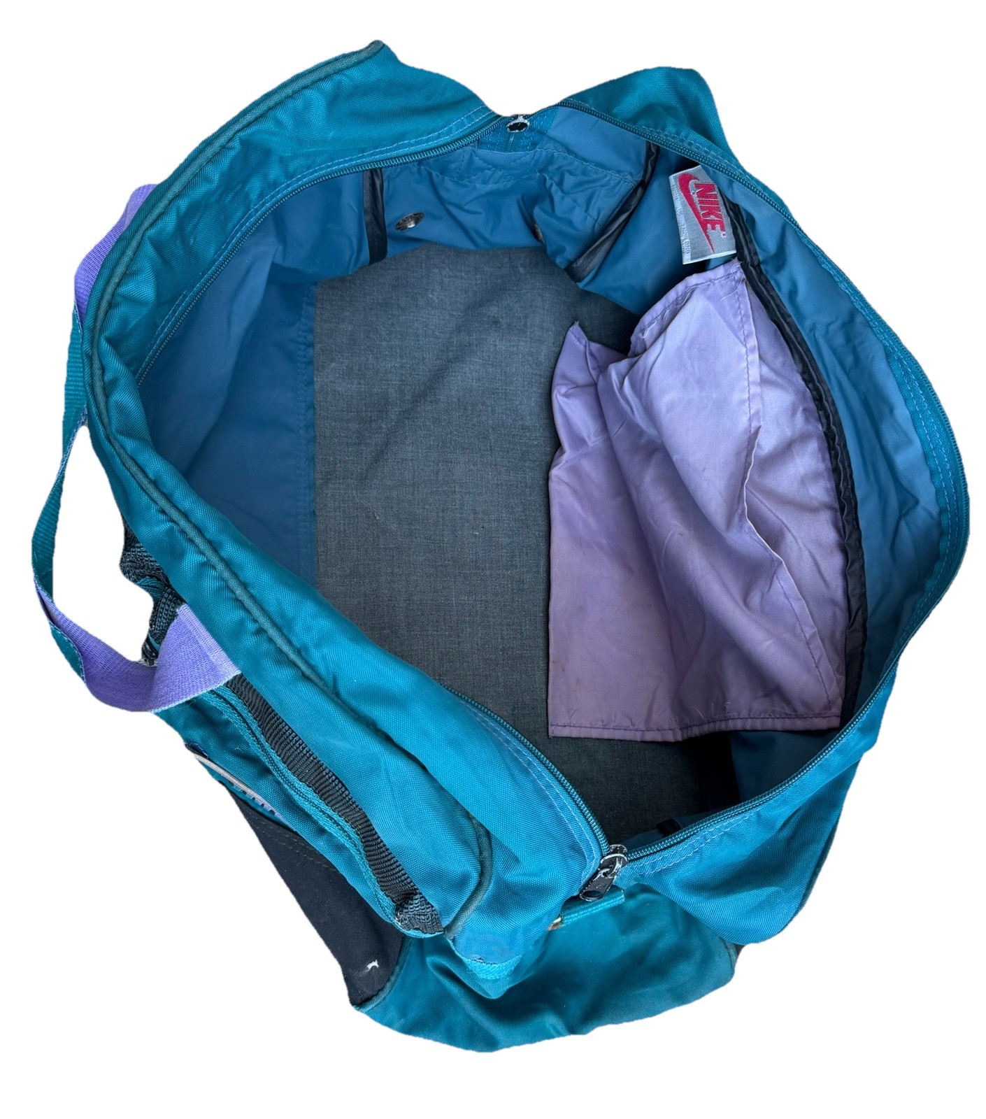 Vintage 80s Nike Duffle Bag Shoulder Strap Teal Purple Gym