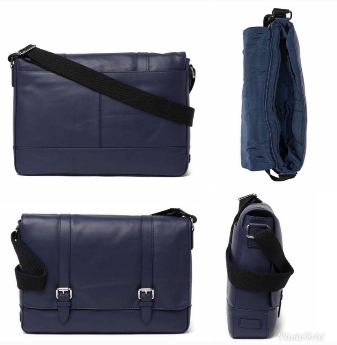 Cole Haan Blue Smooth Leather Buckle Detail Minimalist Laptop Messenger Bag