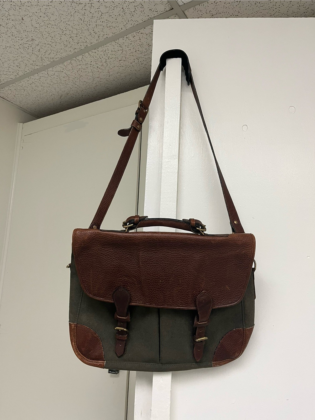 Holland Brothers Vintage Leather Canvas Messenger Bag Made In USA Olive Brown