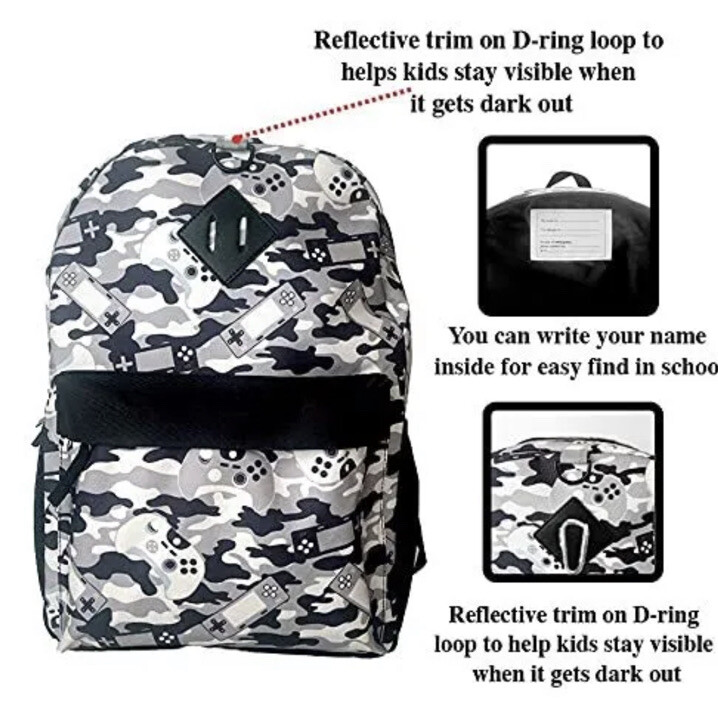 Grey Gaming Camo Backpack Set for Boys & Girls 16 inch 6 Pieces – Includes Fo…