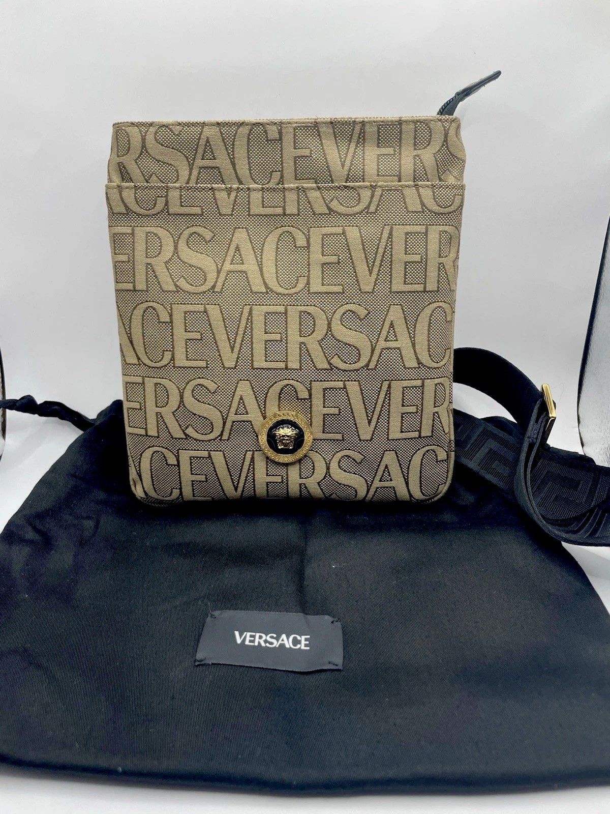 Versace 1020745 La Medusa Canvas Fabric Logo Crossbody All over Bag $850