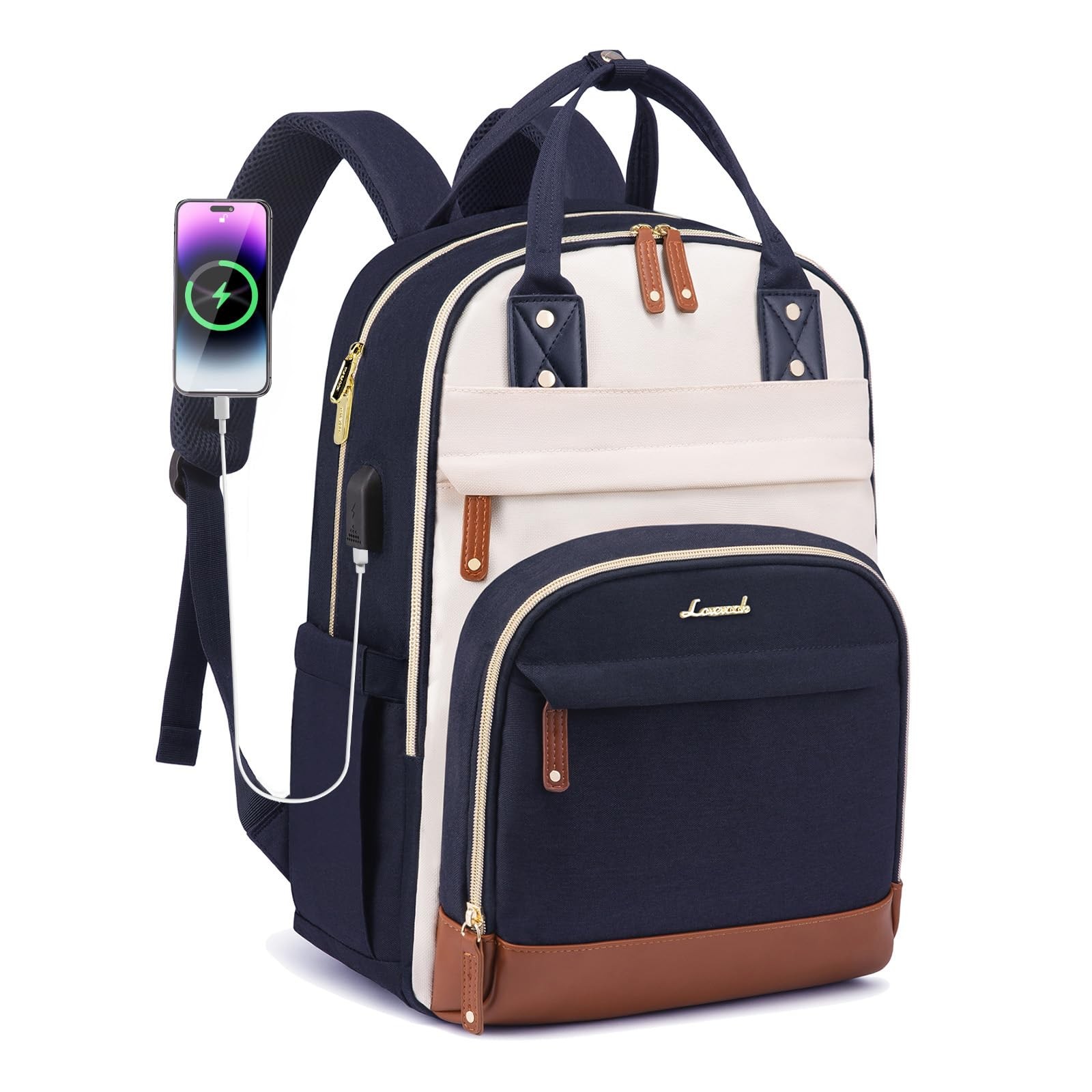 Women’s 15.6 Inch Laptop Backpack, Waterproof Anti~theft Bag, Beige~Blue~Brown