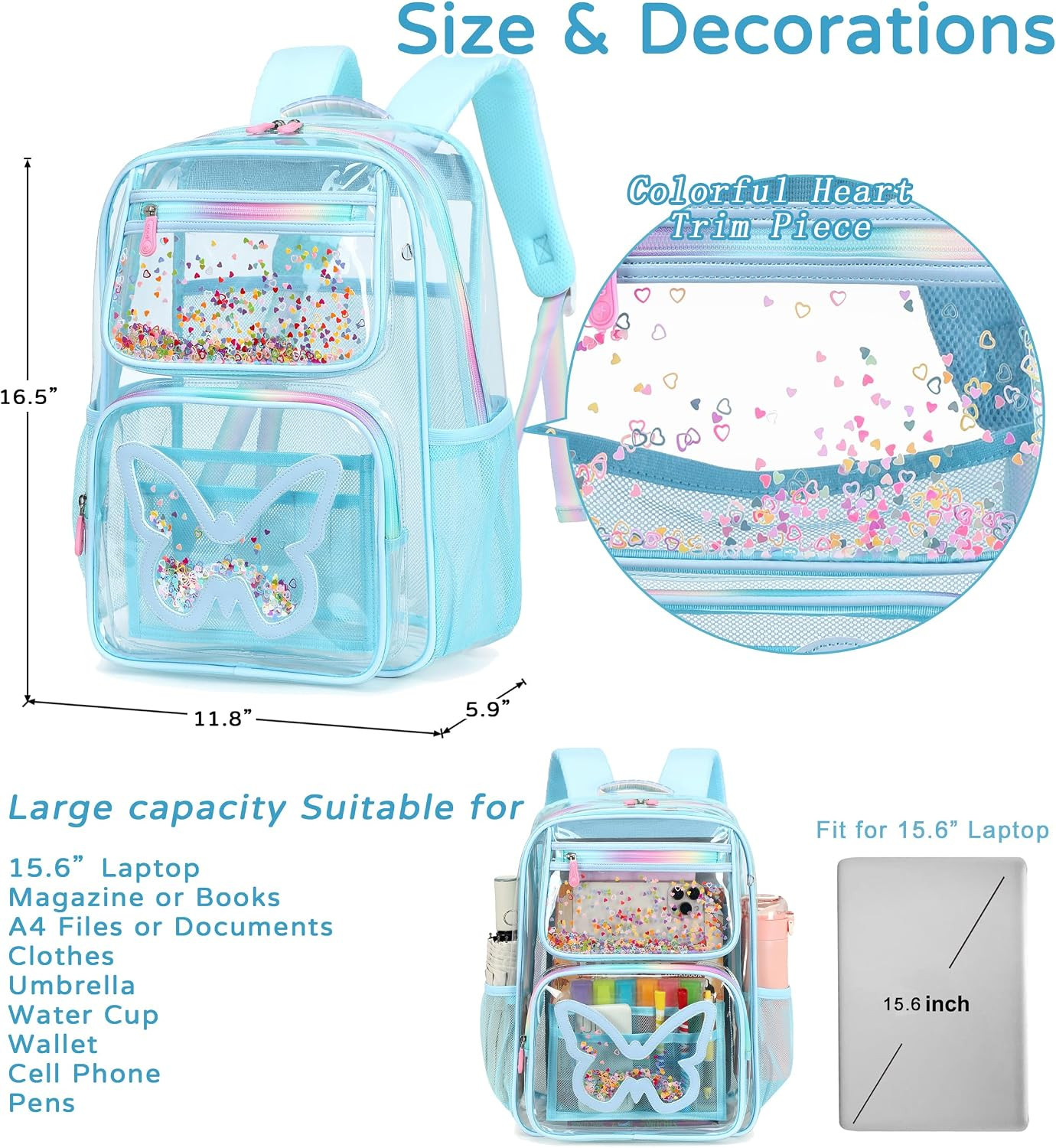 Clear Backpack for School,Large Bookbag Heavy Duty See Through Butterfly Backpac