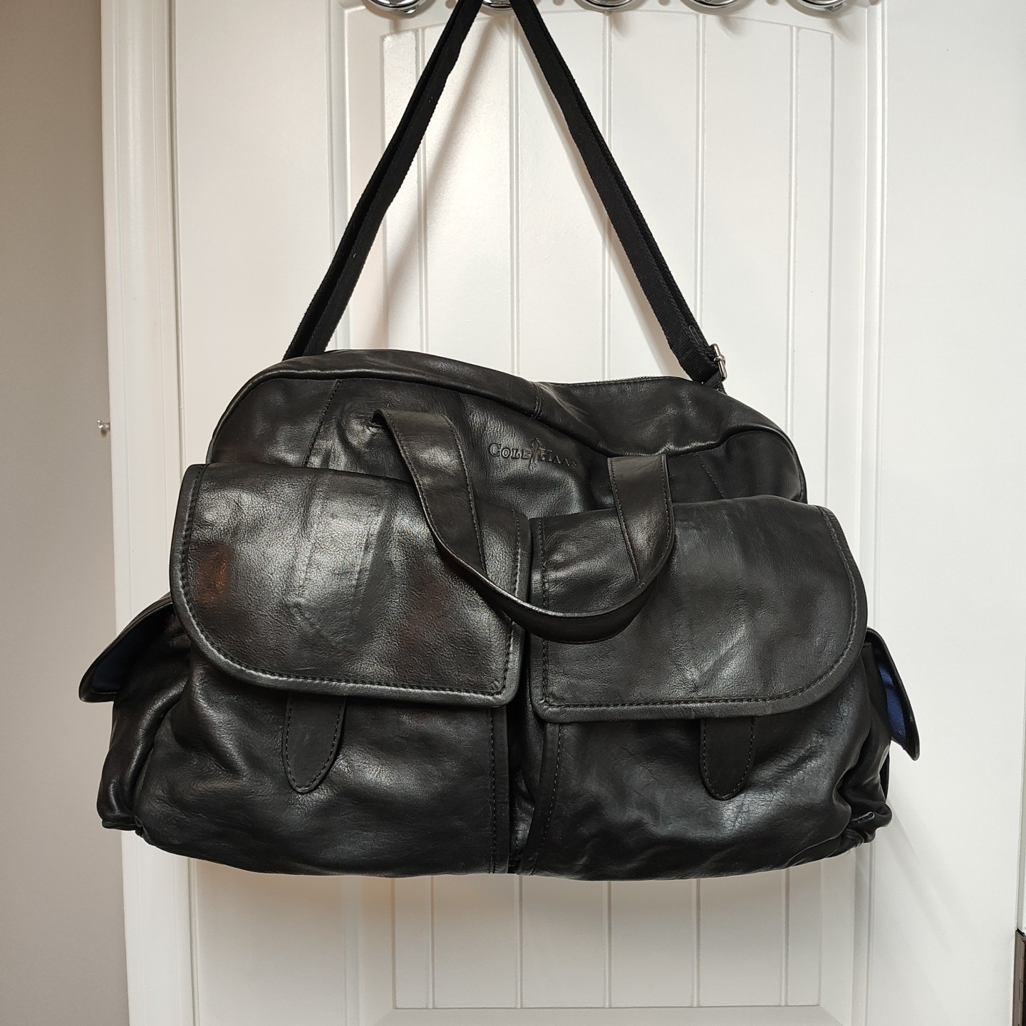 Cole Haan Black Leather WeekenderDuffleTravel Bag 19x12x10 Hand Shoulder Strap