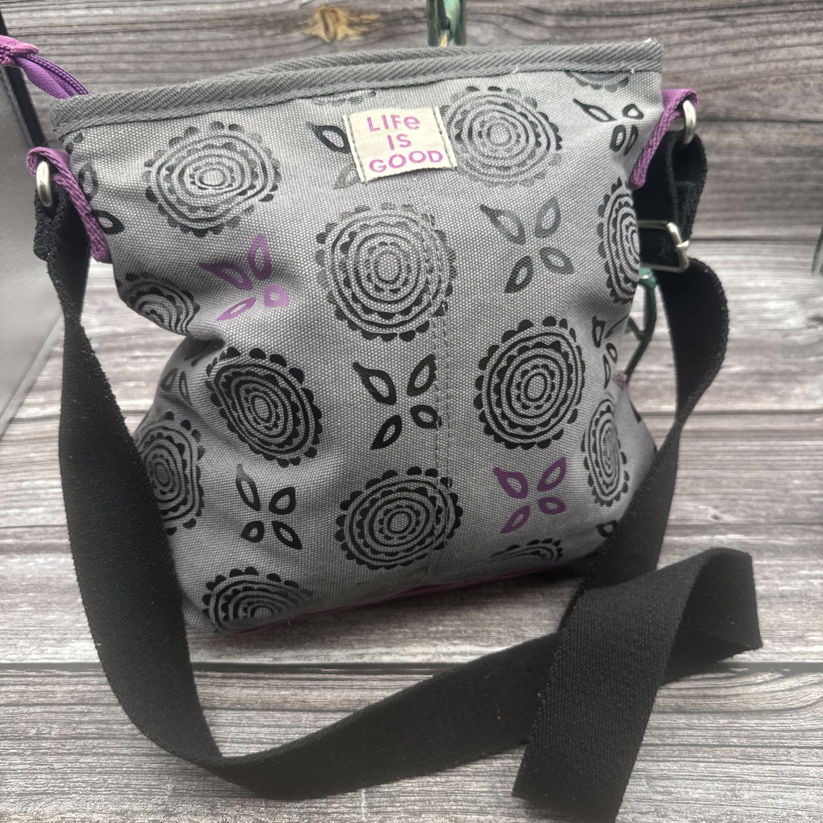 VTG Life Is Good GreyFloral Shoulder Bag Zip Top Adjustable Strap Lined Pockets