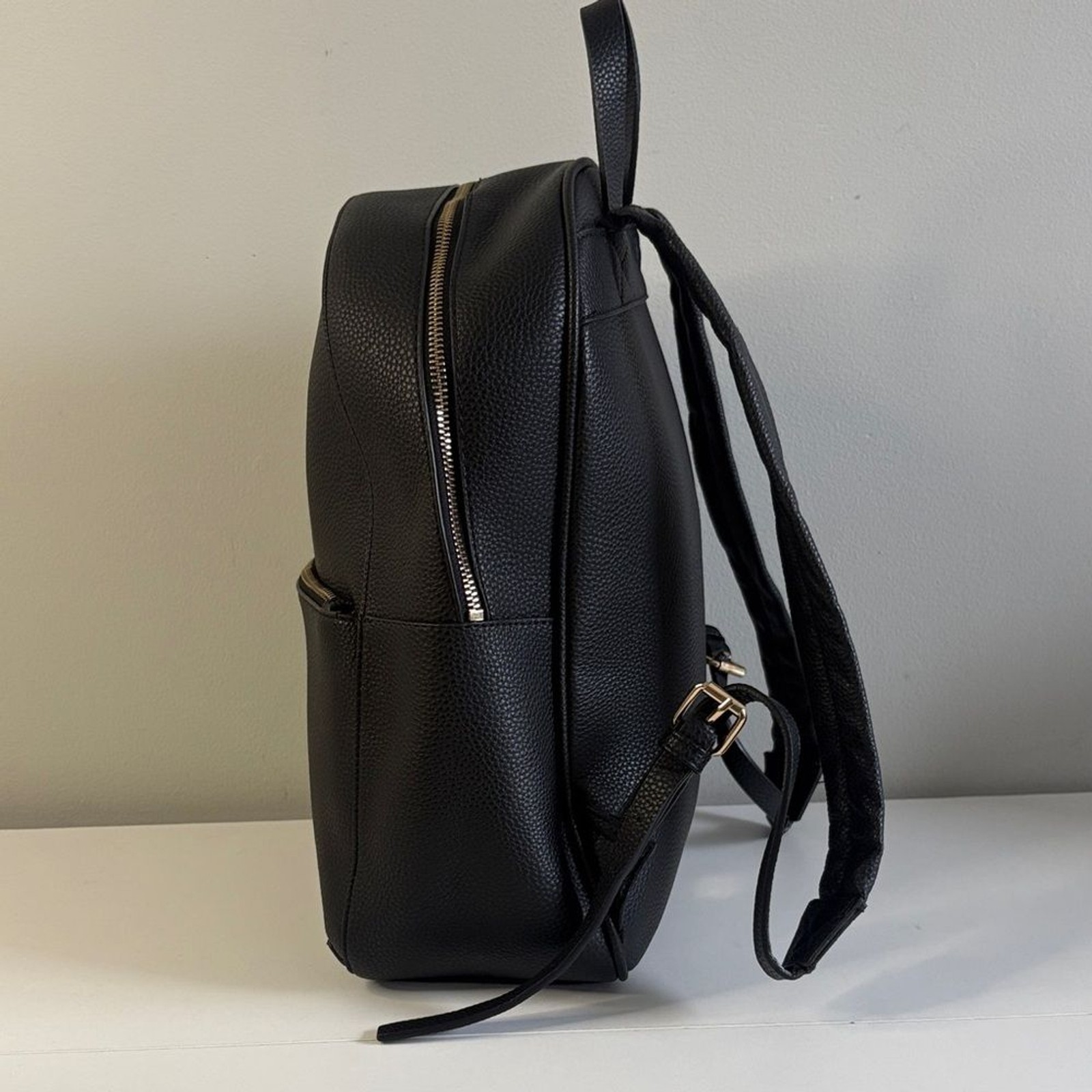 ALDO Black Pebbled Faux Leather Backpack Gold Zipper Minimalist Bag