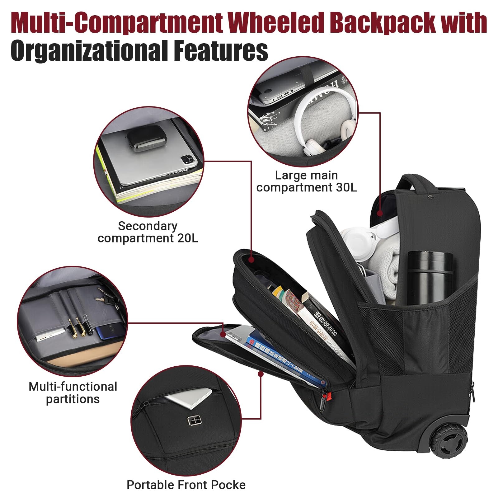 21×14 x8 Rolling Backpack For Adults With wheel, Durable Wheeled Backpack Wit…