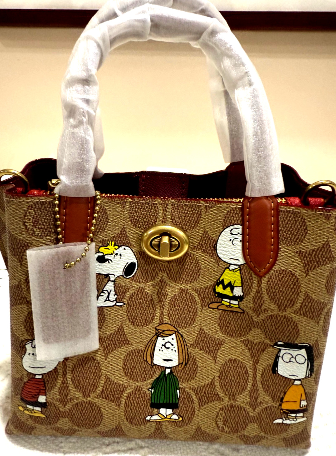NEW COACH X PEANUTS CBF74 Willow Tote 18, Signature Canvas Removable Pouch